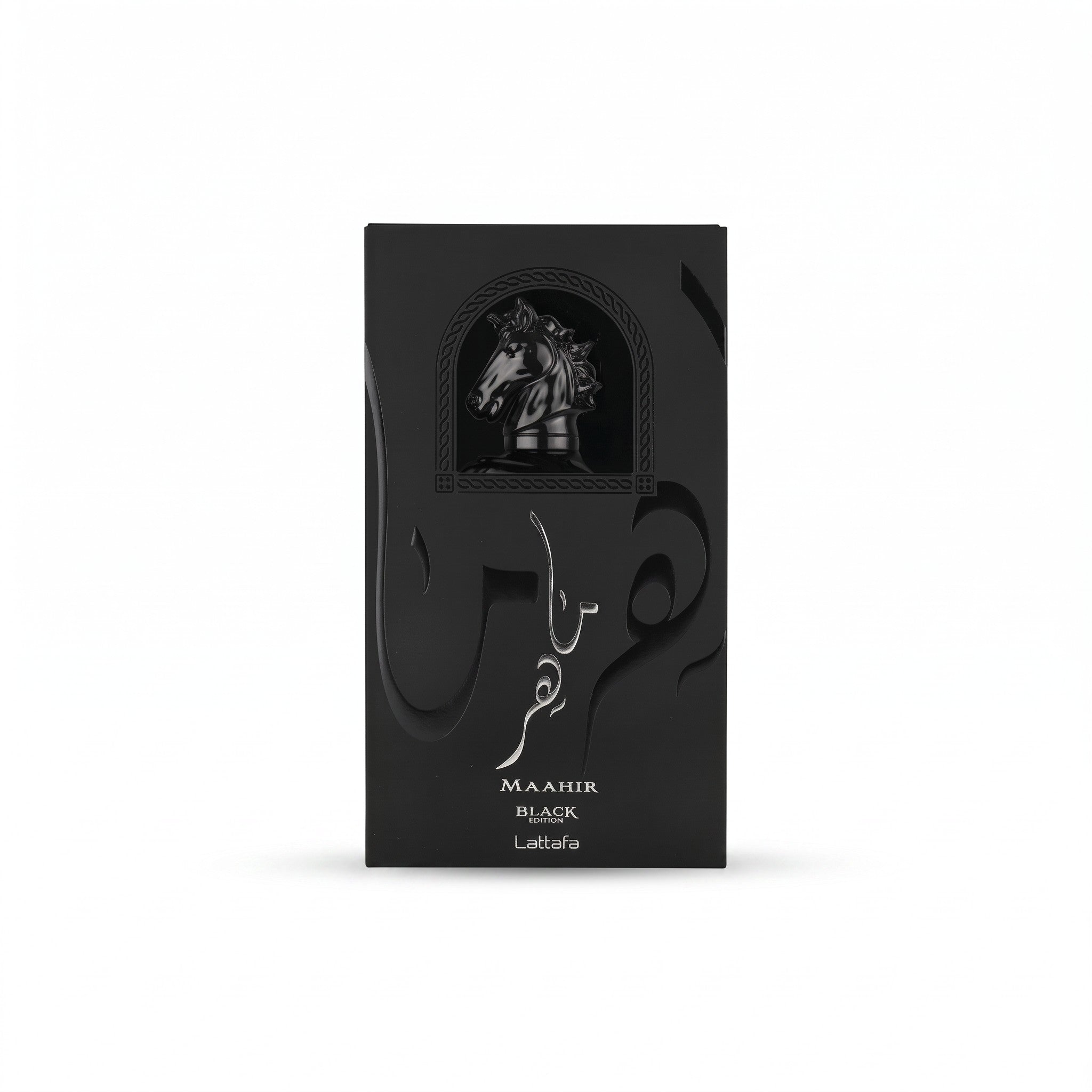 Palette 21 Lattafa Mahir Black Edition unisex amber spicy perfume bottle in a sleek matte black box with horse emblem.