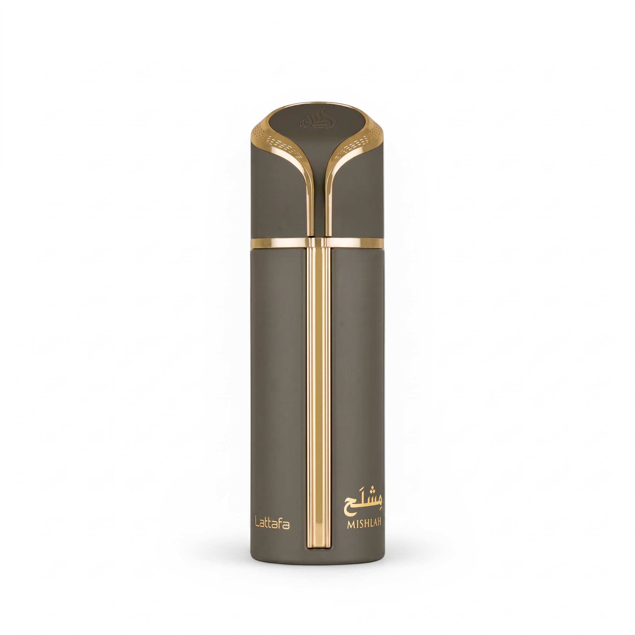 Palette 21 Lattafa Mishlah Eau de Parfum in a sleek dark grey cylindrical bottle with elegant gold metallic accents.