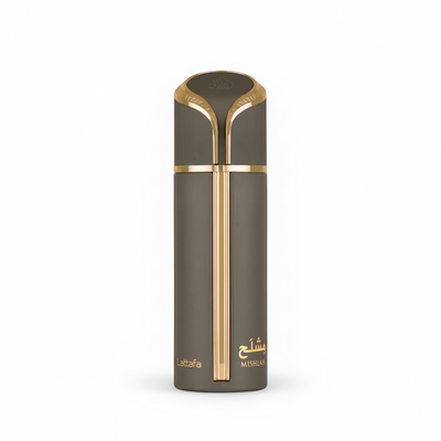 Palette 21 Lattafa Mishlah Eau de Parfum in a sleek dark grey cylindrical bottle with elegant gold metallic accents.