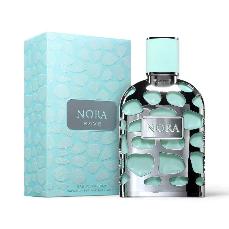 Palette 21 Lattafa Nora 100ml eau de parfum with a mint green bottle encased in a silver geometric cutout shell