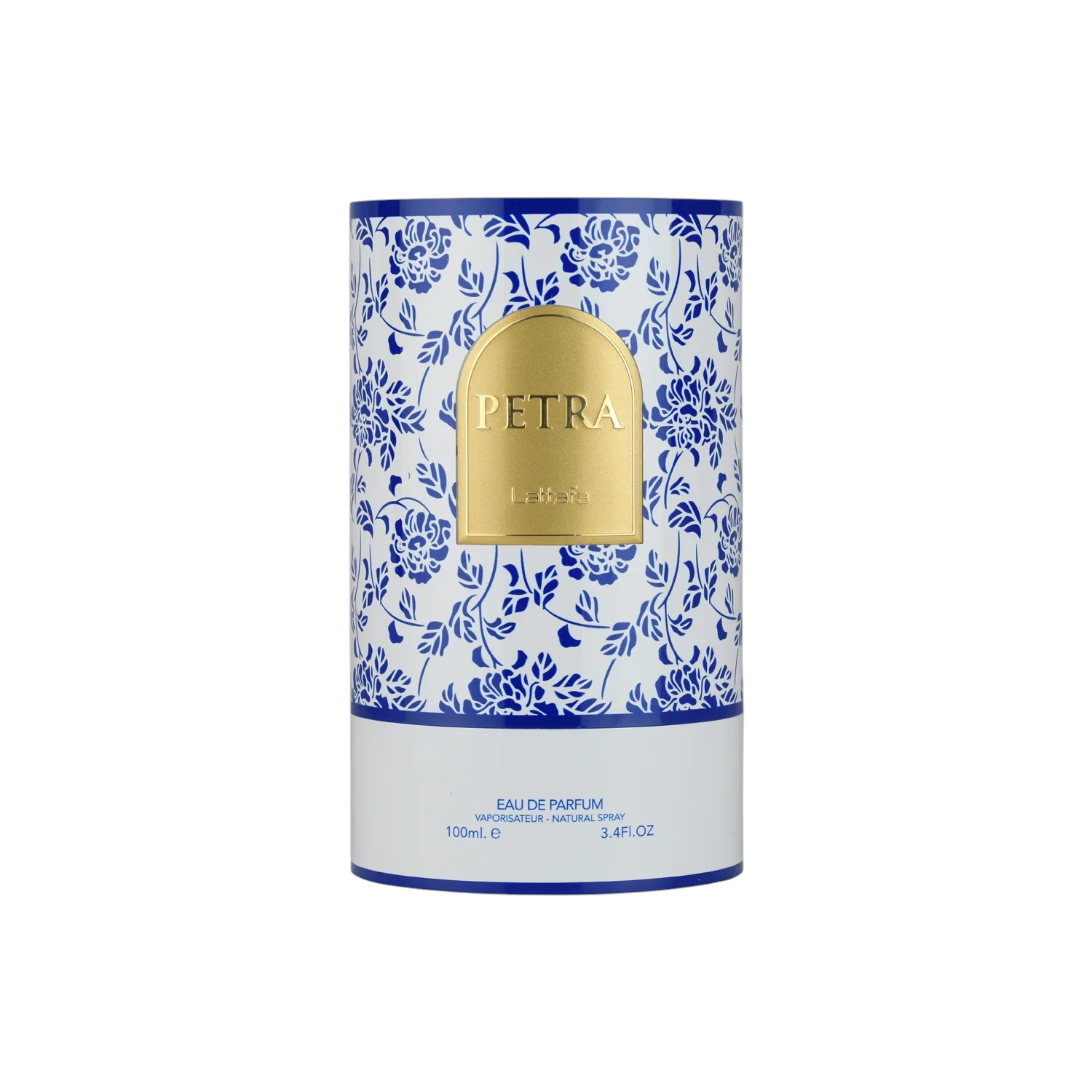 Palette 21 Lattafa Petra 100ml eau de parfum bottle featuring a blue and white floral pattern with a gold label