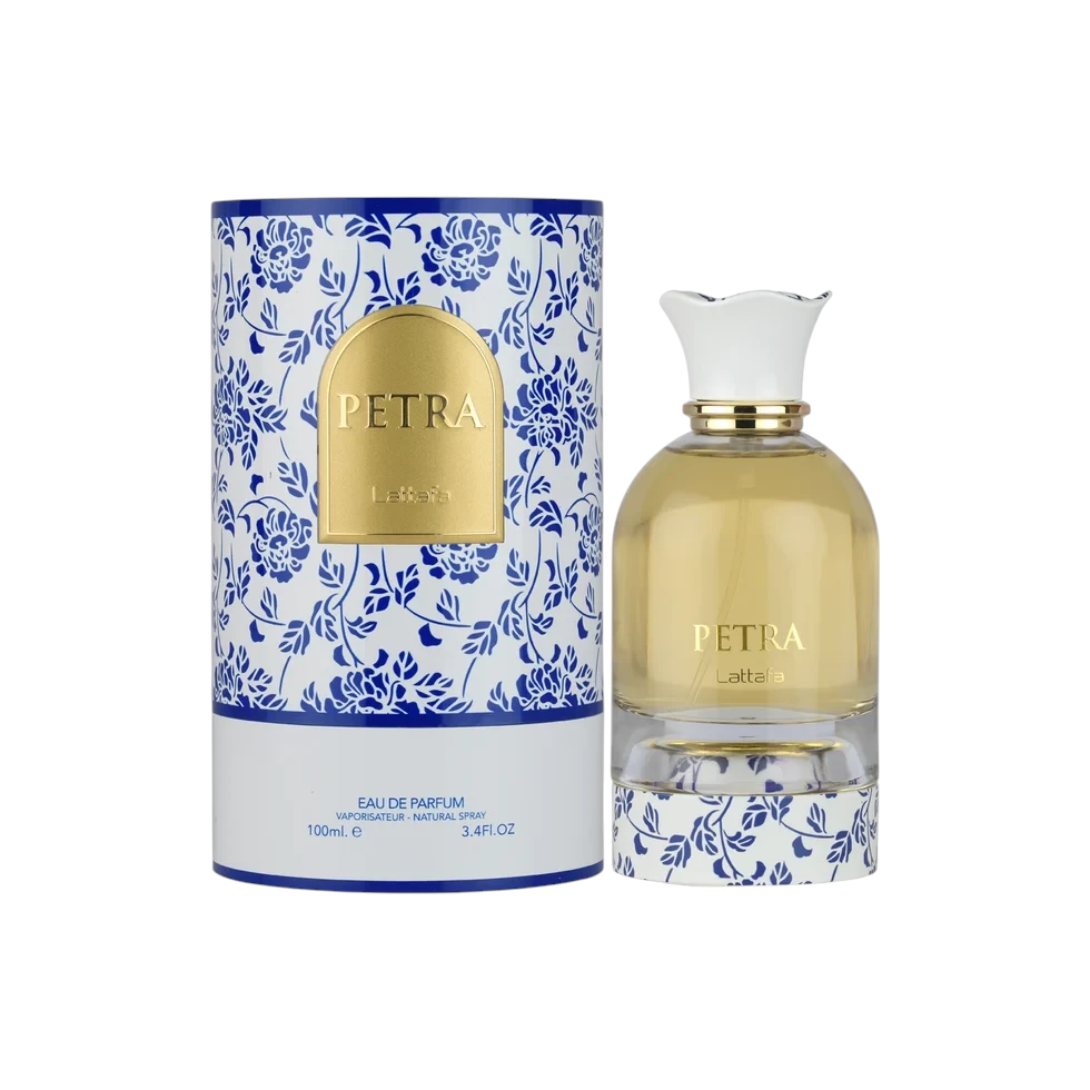 Palette 21 Lattafa Petra 100ml eau de parfum bottle with blue and white floral packaging and gold accents