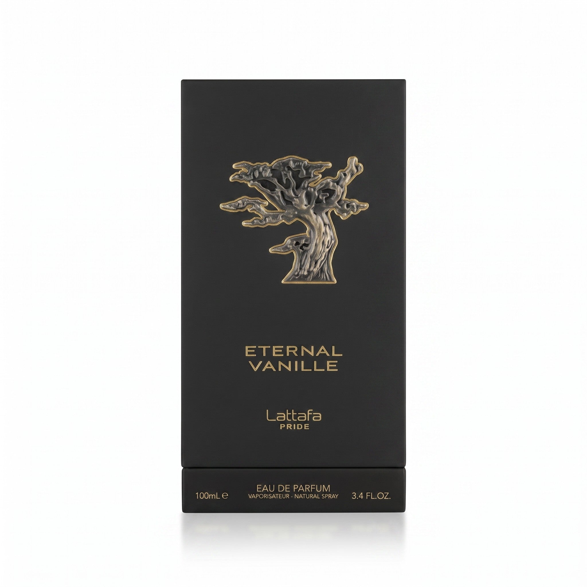 Palette 21 Lattafa Pride Eternal Vanille EDP perfume box in matte black with a gold embossed tree emblem