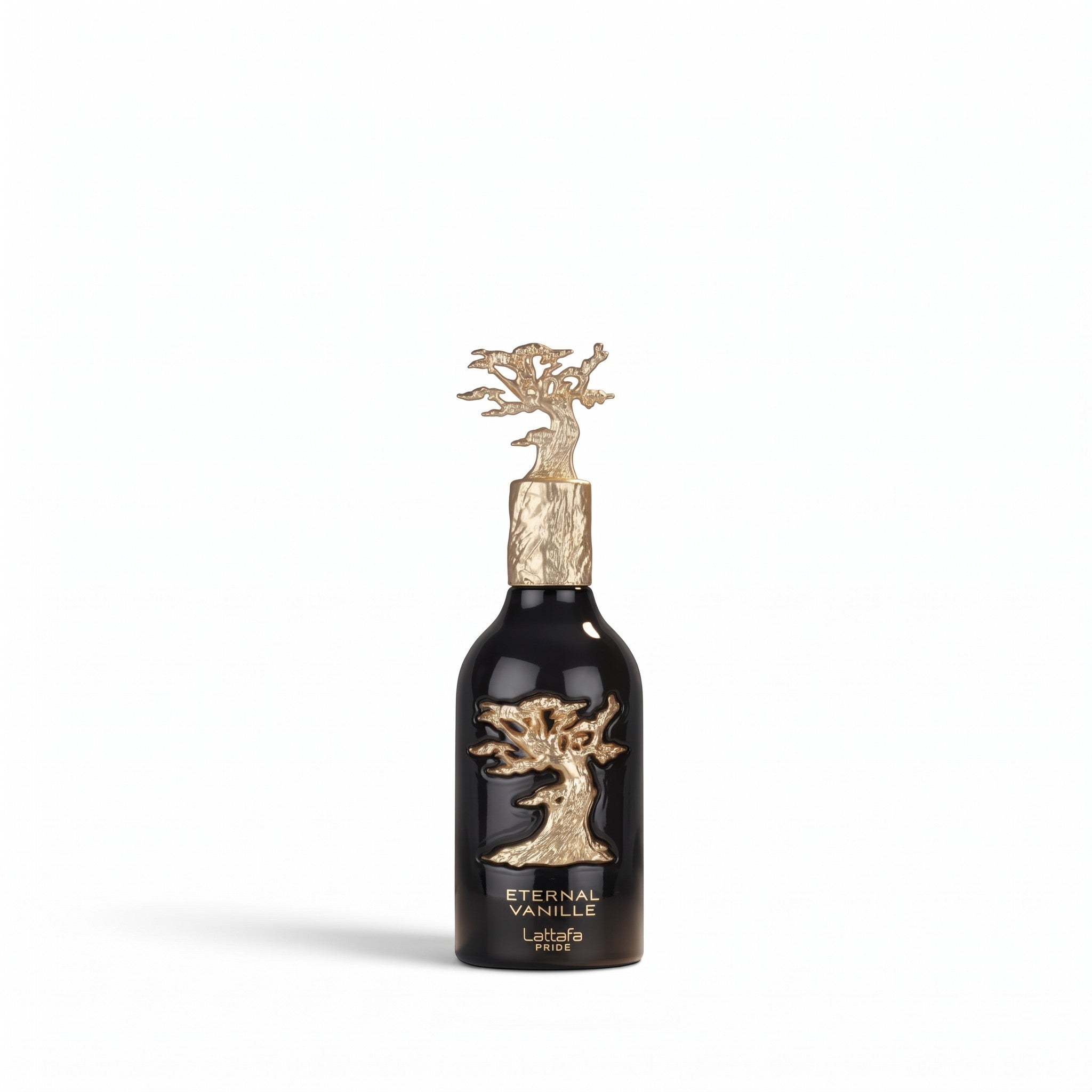 Palette 21 Lattafa Pride Eternal Vanille EDP in a black glass bottle with a decorative gold tree emblem and cap.