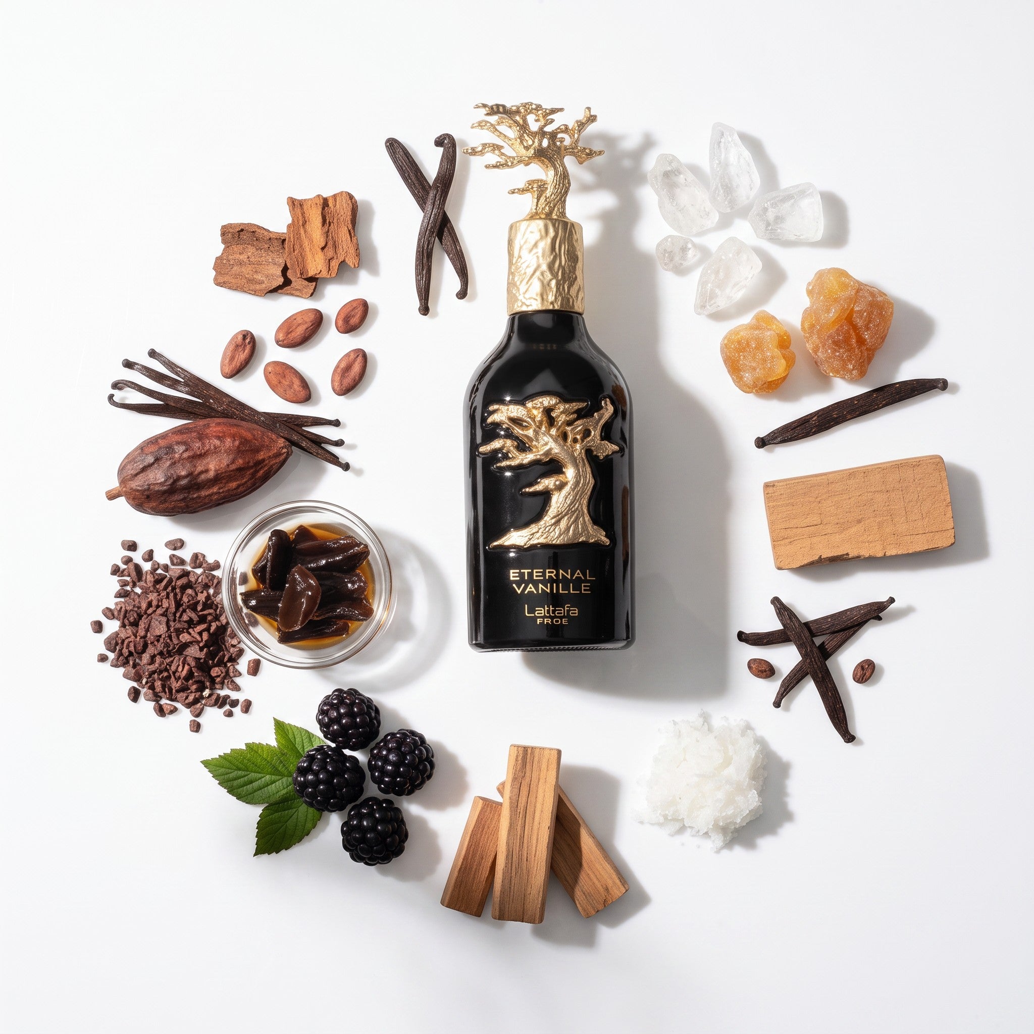 Palette 21 Lattafa Pride Eternal Vanille perfume bottle surrounded by vanilla beans, cacao, blackberries, and wood.