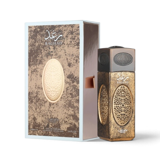 Palette 21 Lattafa Pride Raghad eau de parfum bottle and box with textured gold and bronze metallic finish