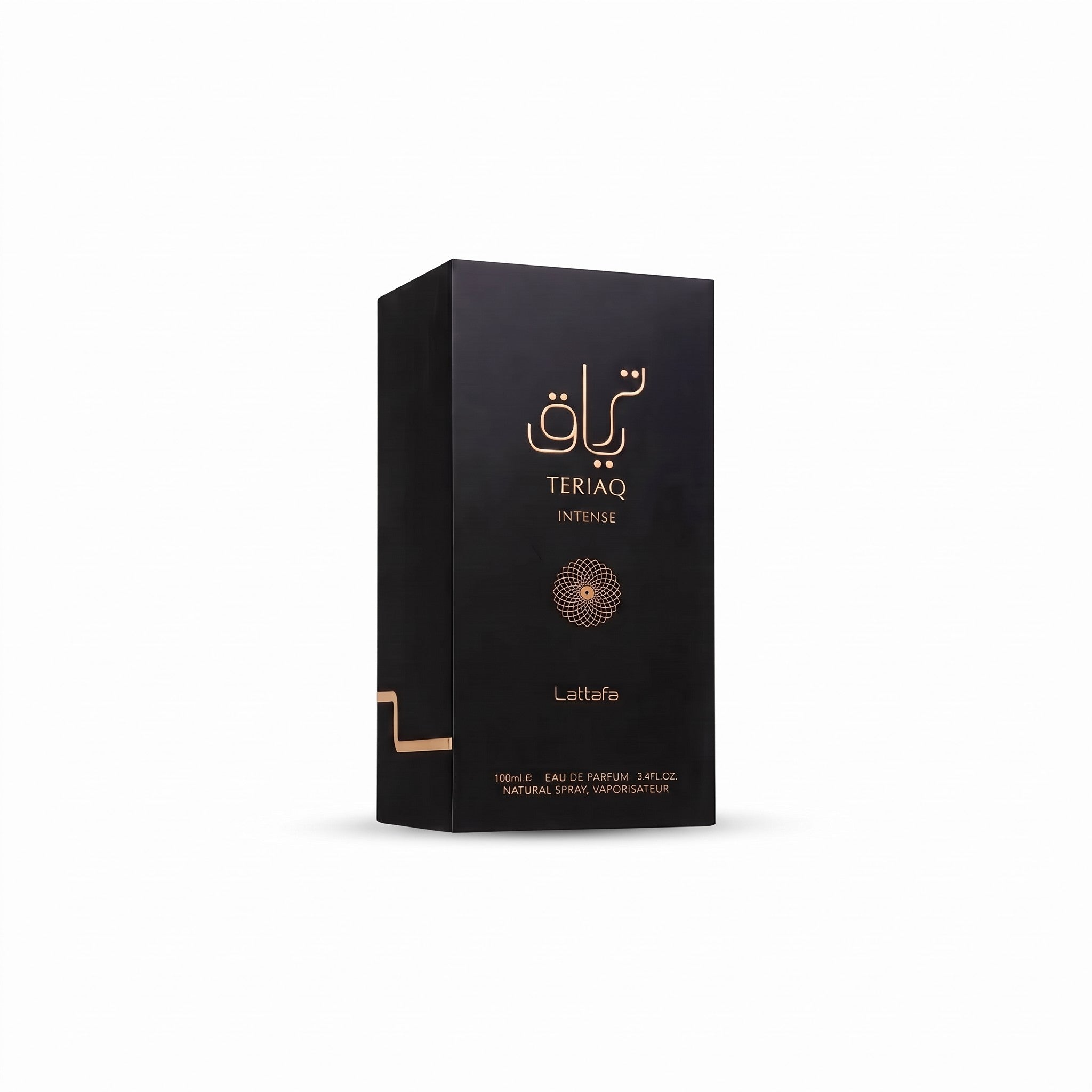 Palette 21 Lattafa Teriaq Intense unisex Eau de Parfum fragrance box in sleek black with gold calligraphy and logo.