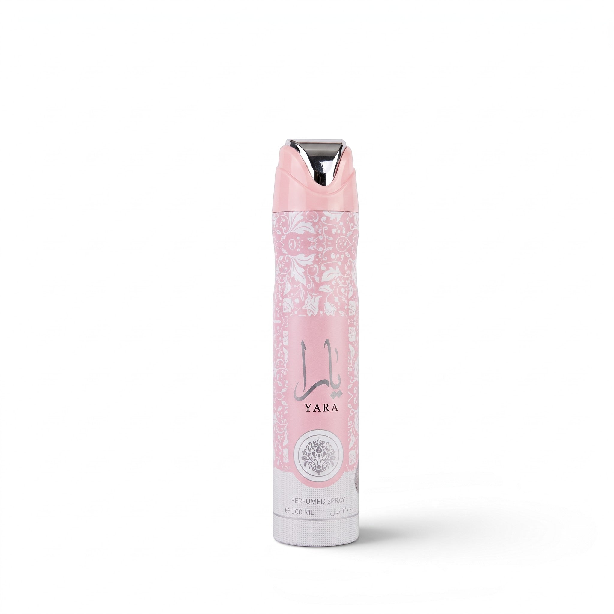 Palette 21 Lattafa Yara perfumed body spray in a tall pink aerosol bottle with white floral patterns and silver cap.