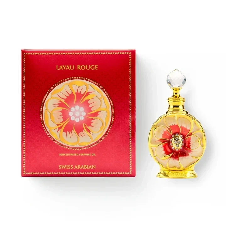 Palette 21 Layali Rouge concentrated perfume oil in a decorative gold and red floral bottle with matching gift box.