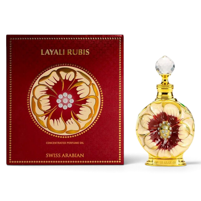 Palette 21 Layali Rubis concentrated perfume oil in a decorative gold and red floral bottle with matching gift box