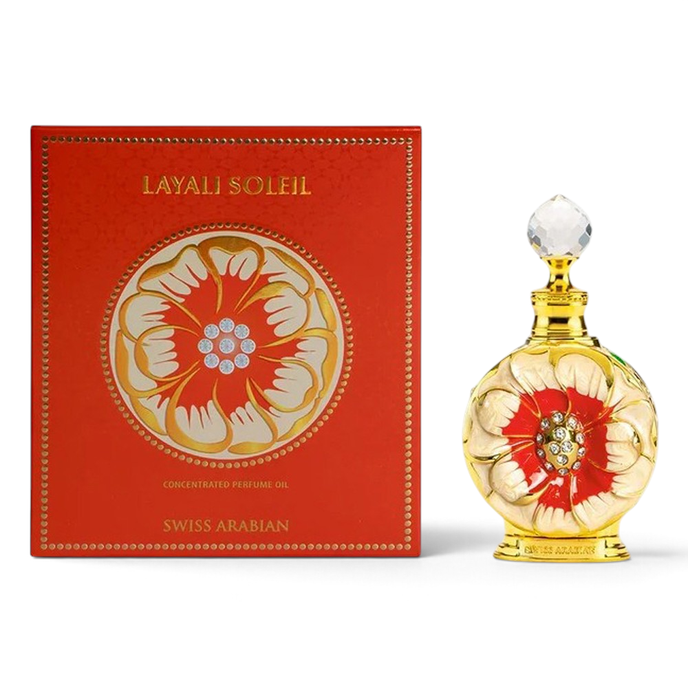 Palette 21 LAYALI SOLEIL concentrated perfume oil in a decorative red and gold floral bottle with matching gift box