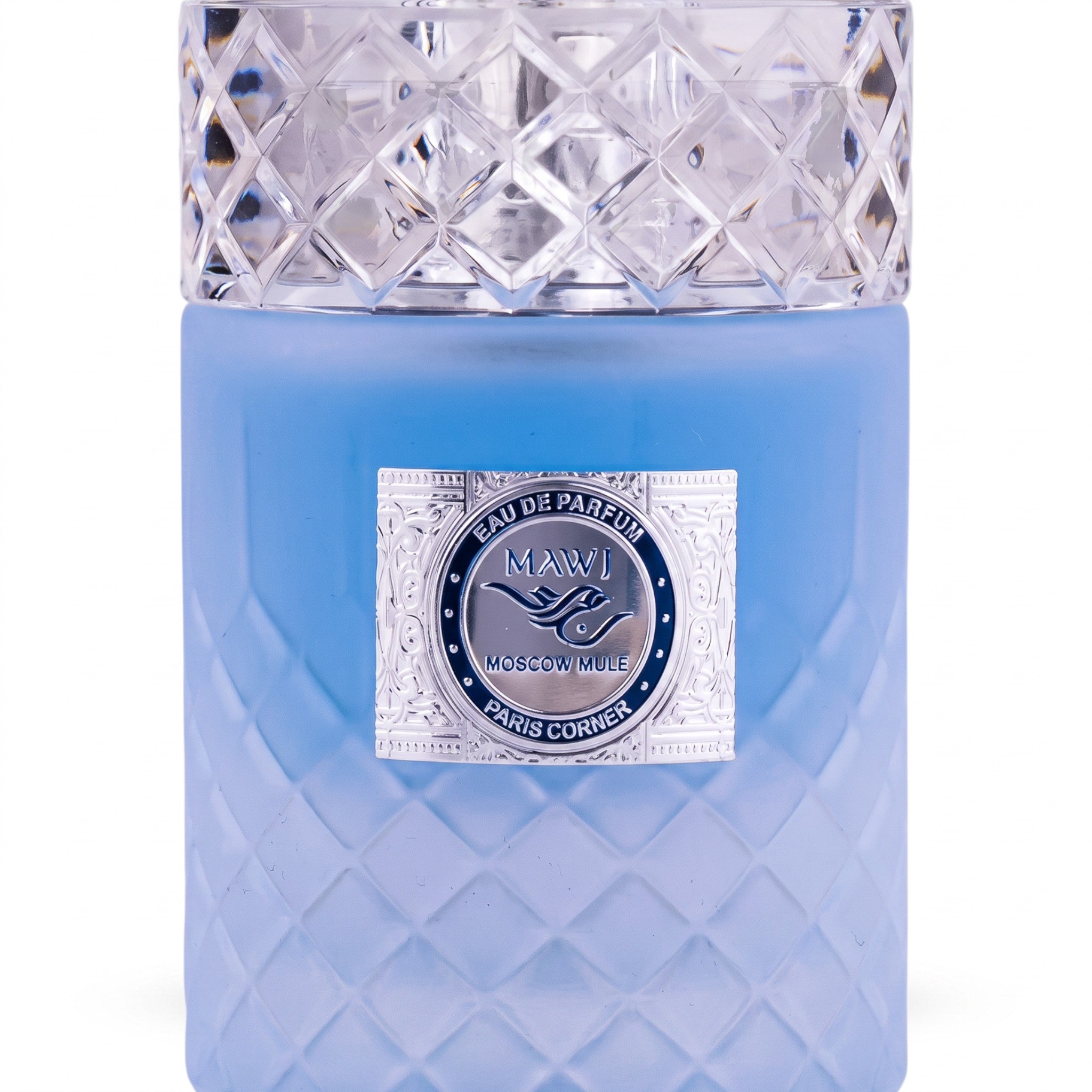 Palette 21 Paris Corner Mawj Eau De Parfum in a textured blue glass bottle with a crystal-inspired cap