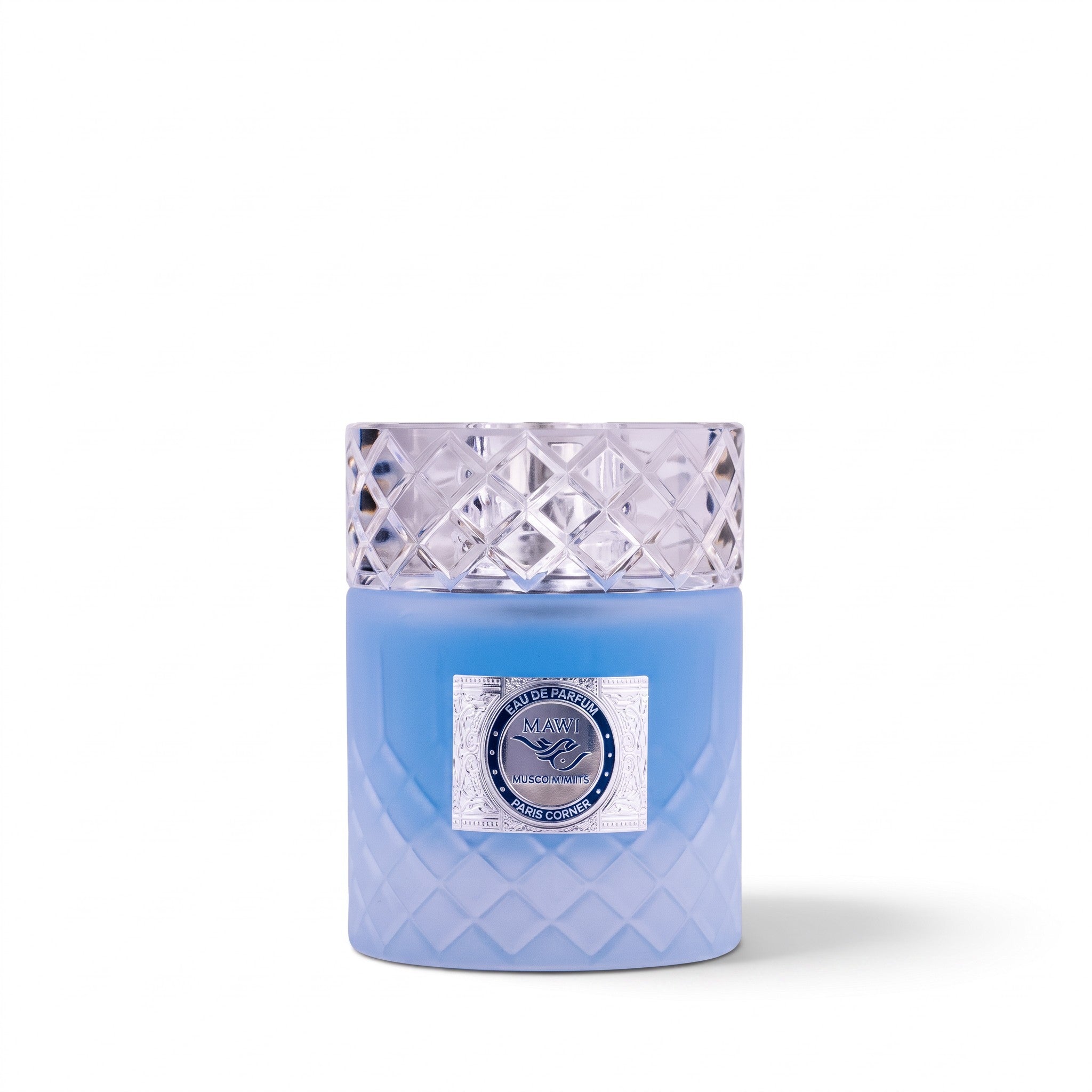 Palette 21 Paris Corner Mawj Eau De Parfum in a textured blue glass bottle with a crystal-inspired cap.