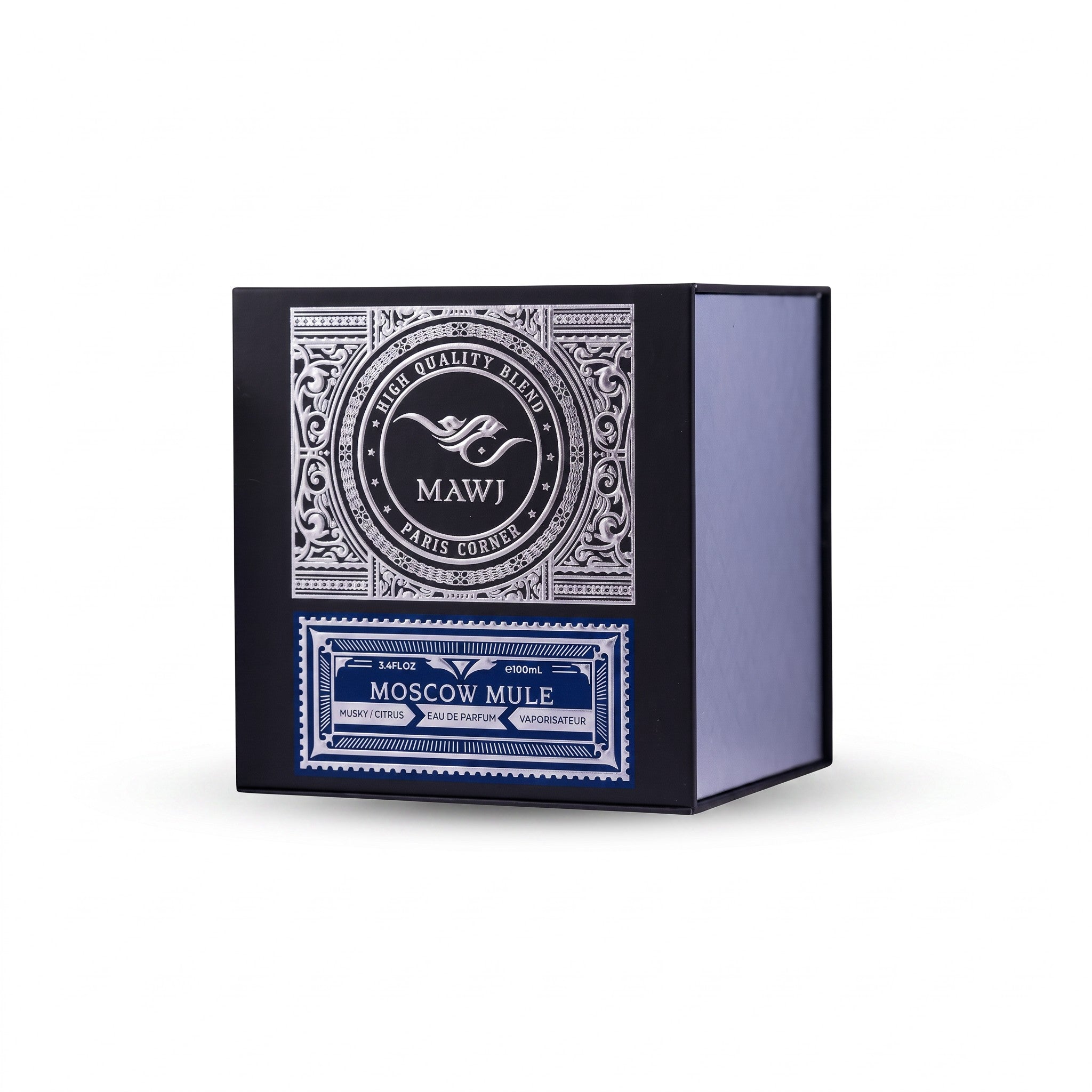 Palette 21 Paris Corner Mawj Moscow Mule Eau De Parfum fragrance box with silver ornate detailing on black packaging.