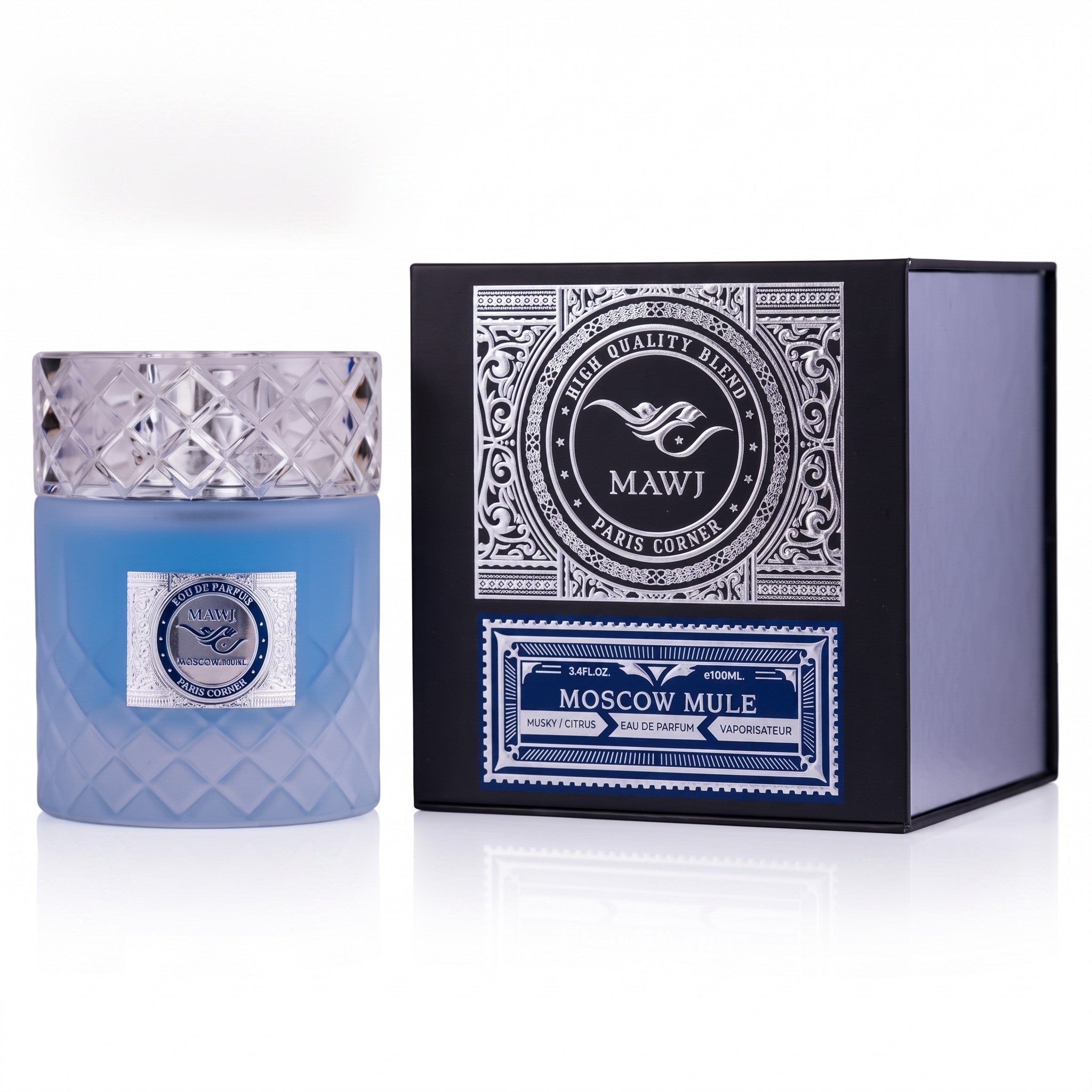 Palette 21 Paris Corner Mawj Moscow Mule Eau de Parfum in a textured blue glass bottle next to its black gift box.