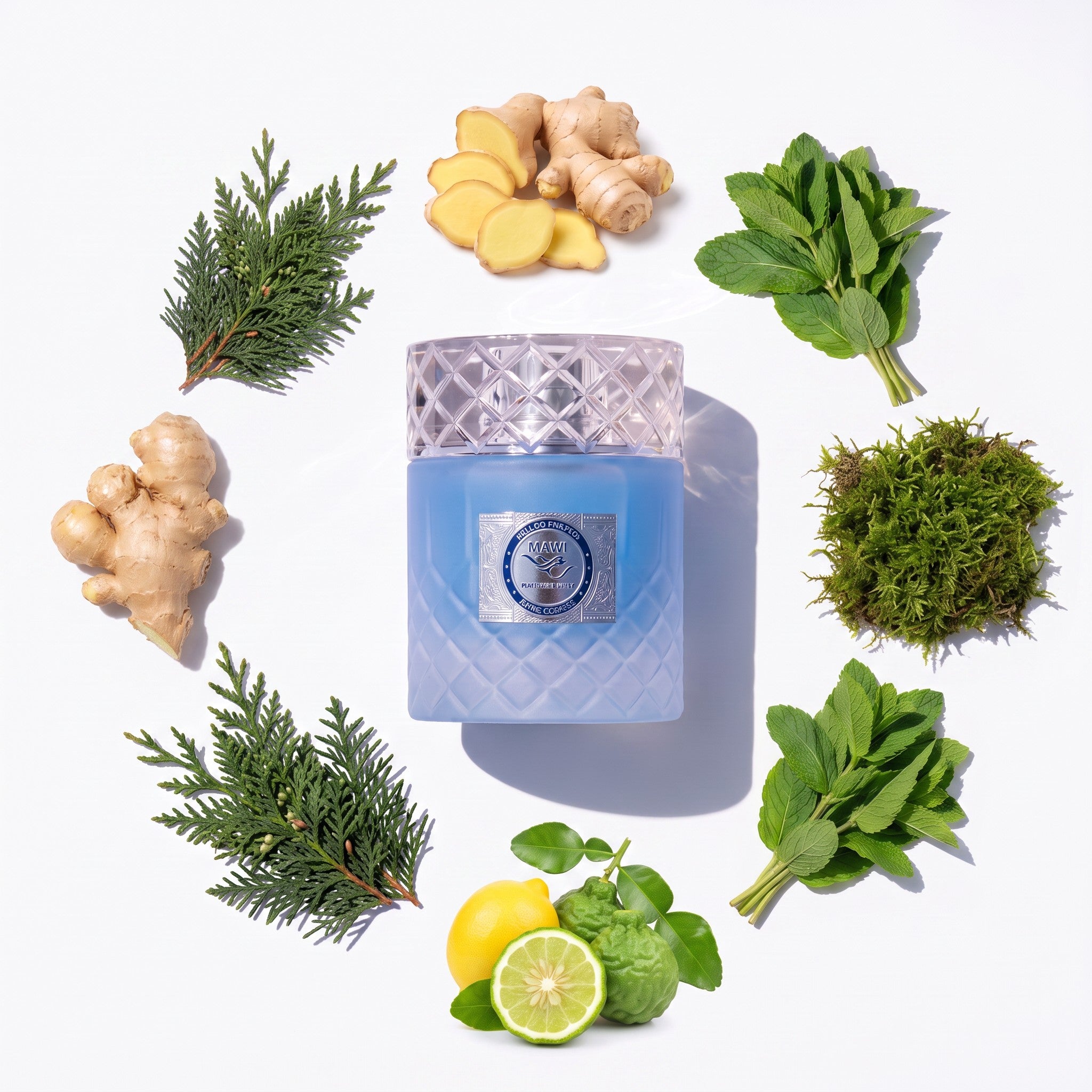 Palette 21 Paris Corner Mawj Eau De Parfum bottle surrounded by fresh ginger, mint, moss, and citrus ingredients.