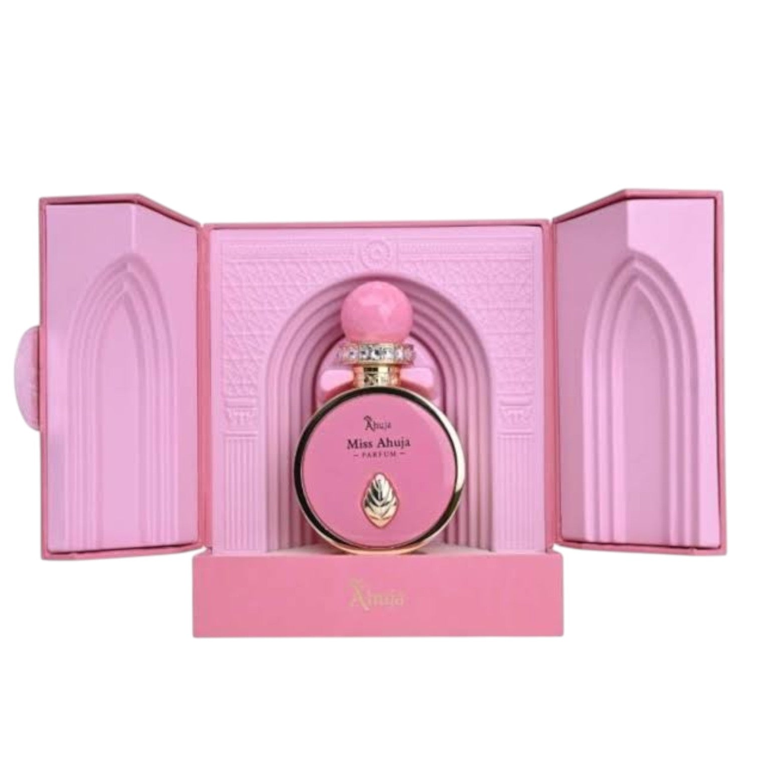 Palette 21 Miss Ahuja parfum in a circular pink bottle with gold accents and crystal collar inside a pink display box.