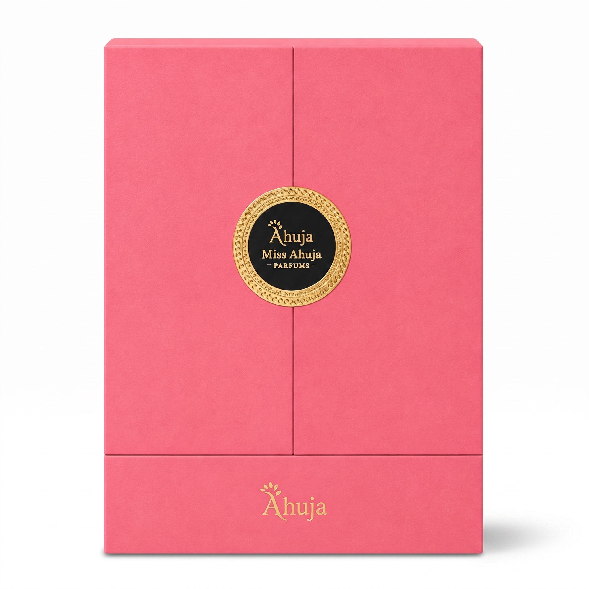 Palette 21 Miss Ahuja parfum fragrance gift box in vibrant pink with a gold circular logo emblem on a white background