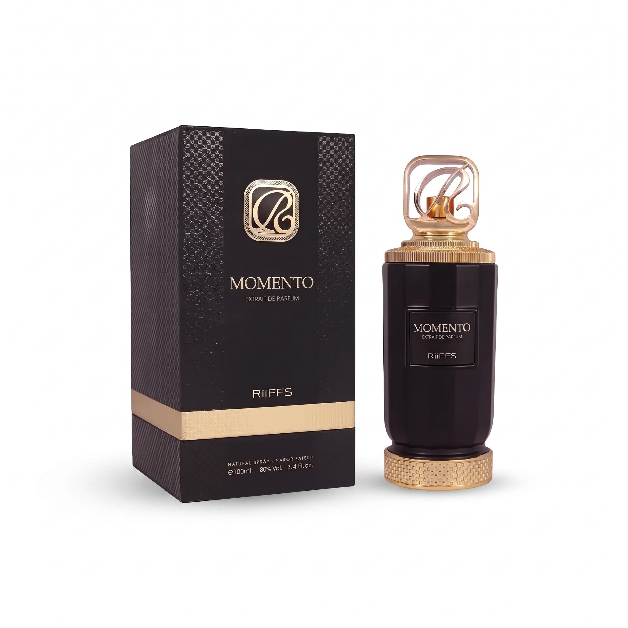 Palette 21 Momento Riiffs Perfumes 100ml extrait de parfum bottle with gold cap next to its black textured box