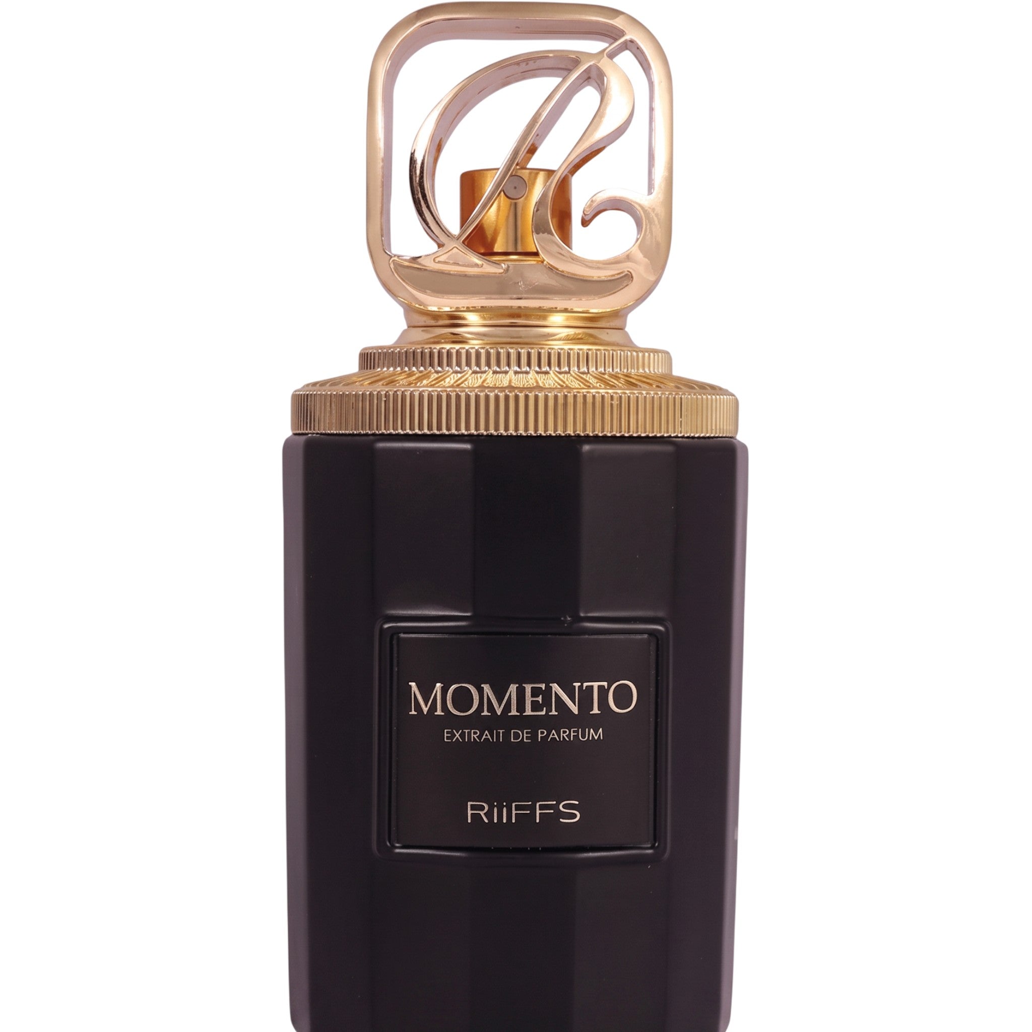 Palette 21 Momento Riiffs Perfumes in a sleek black bottle with an ornate gold cap and label