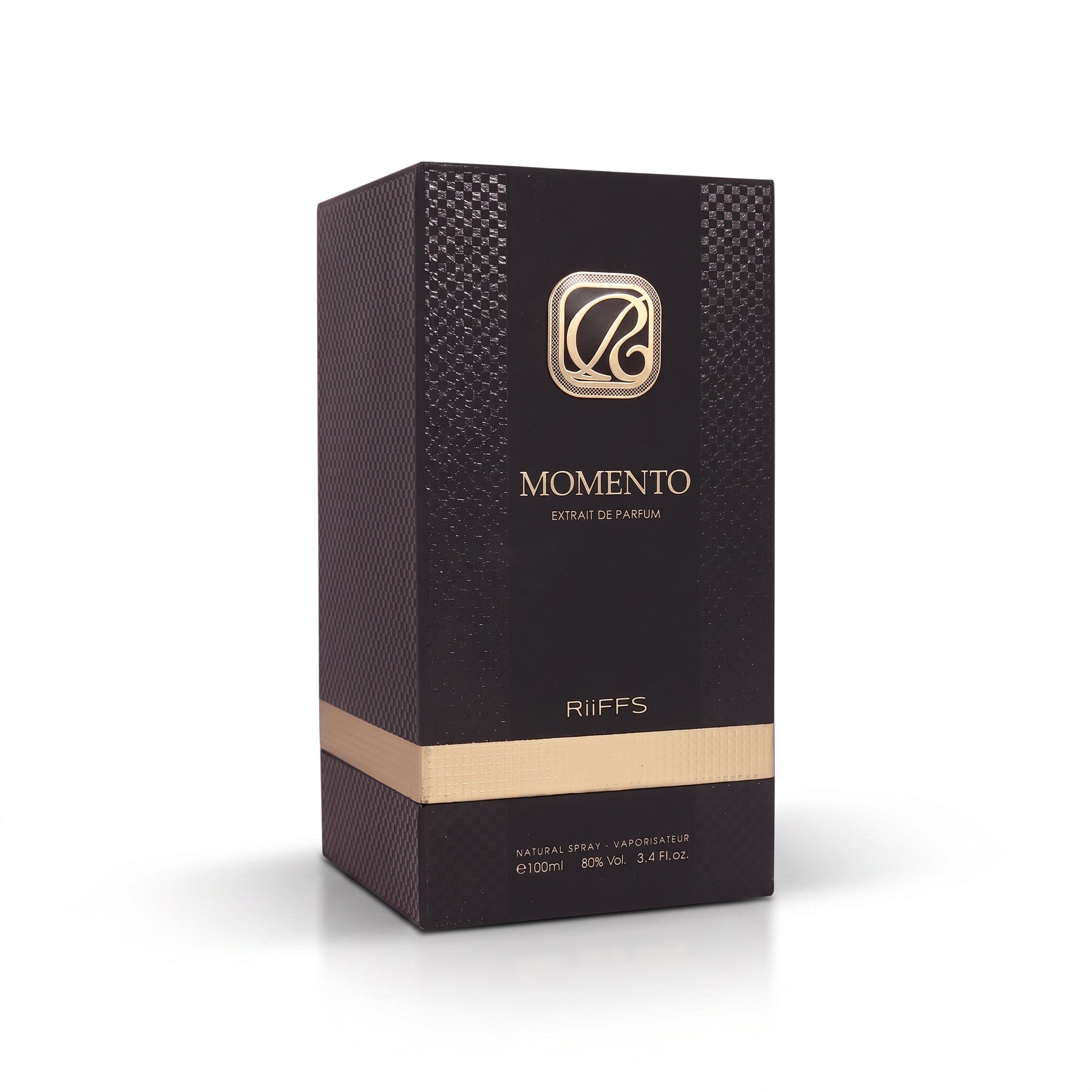 Palette 21 Momento Riiffs Perfumes black and gold textured fragrance box with elegant branding