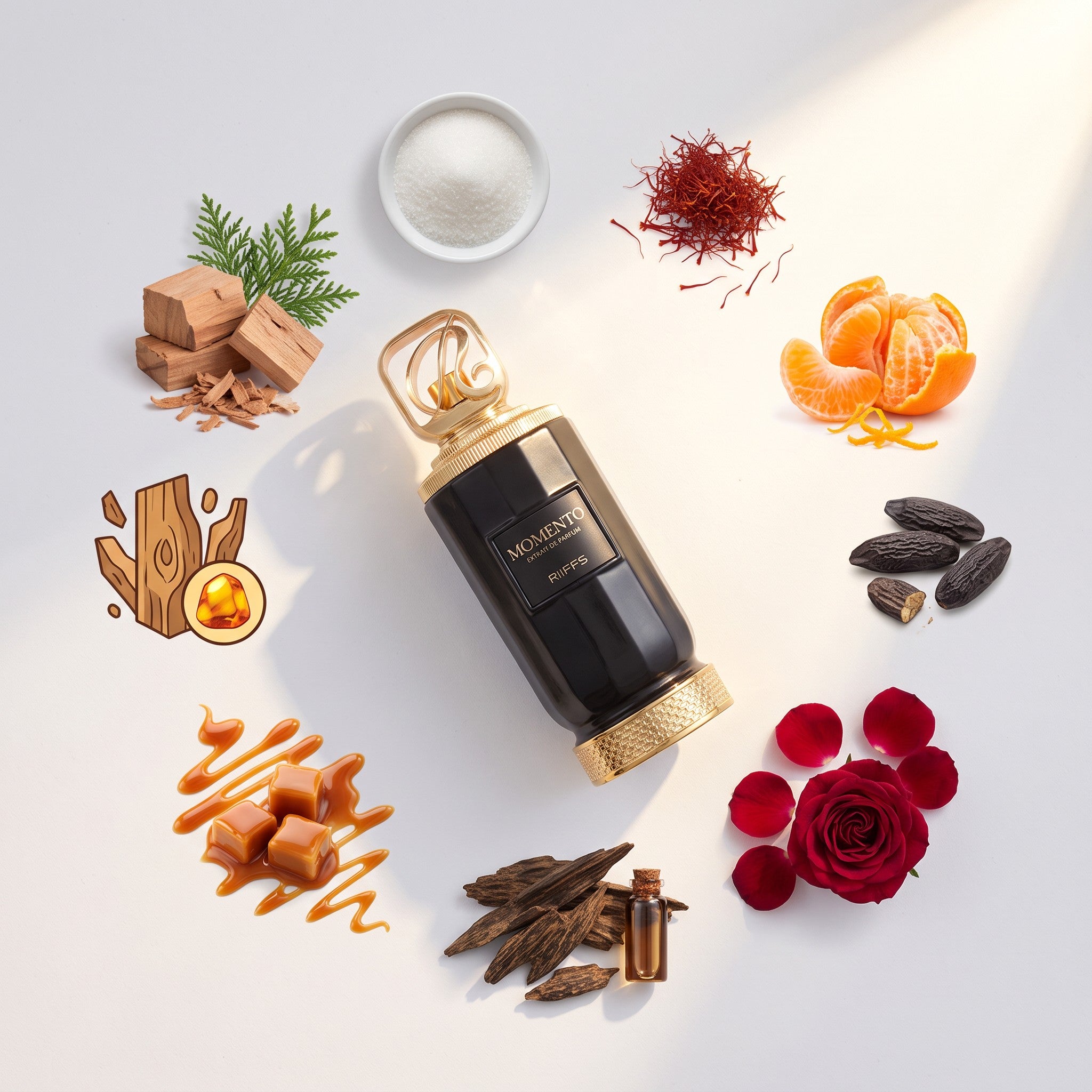 Palette 21 Momento Riiffs Perfumes black glass bottle surrounded by ingredients like rose, saffron, and caramel.
