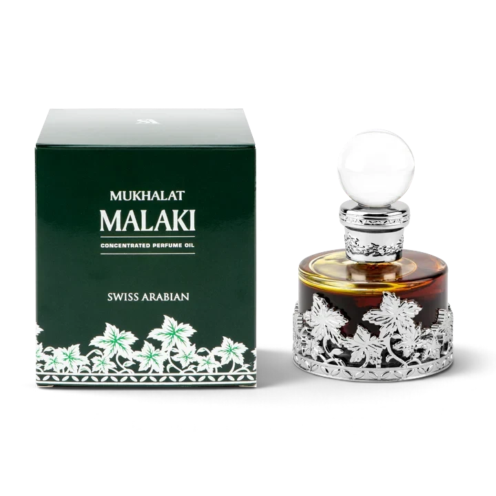Palette 21 Mukhalat Malaki 25ml concentrated perfume oil in a decorative silver-caged bottle with a white orb cap.