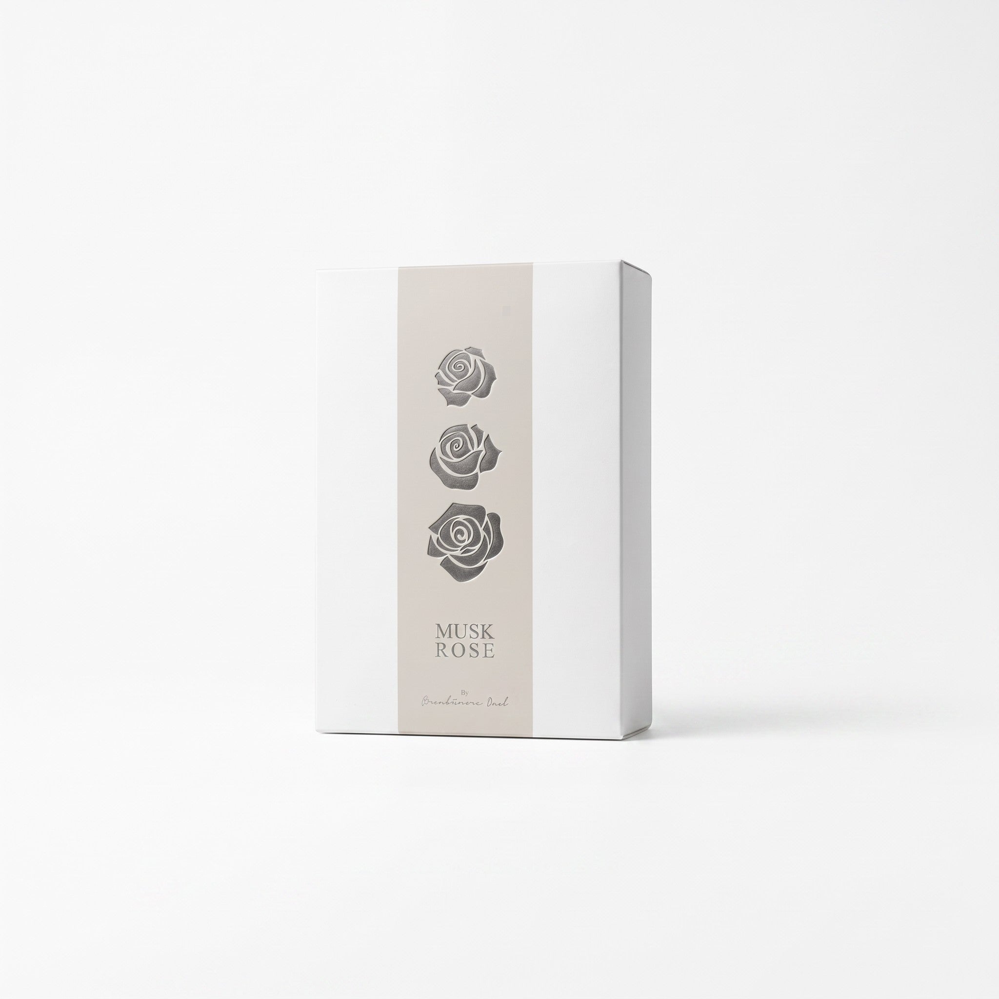 Palette 21 Arabian Oud Musk Rose perfume box featuring a minimalist white design with three grey rose illustrations.