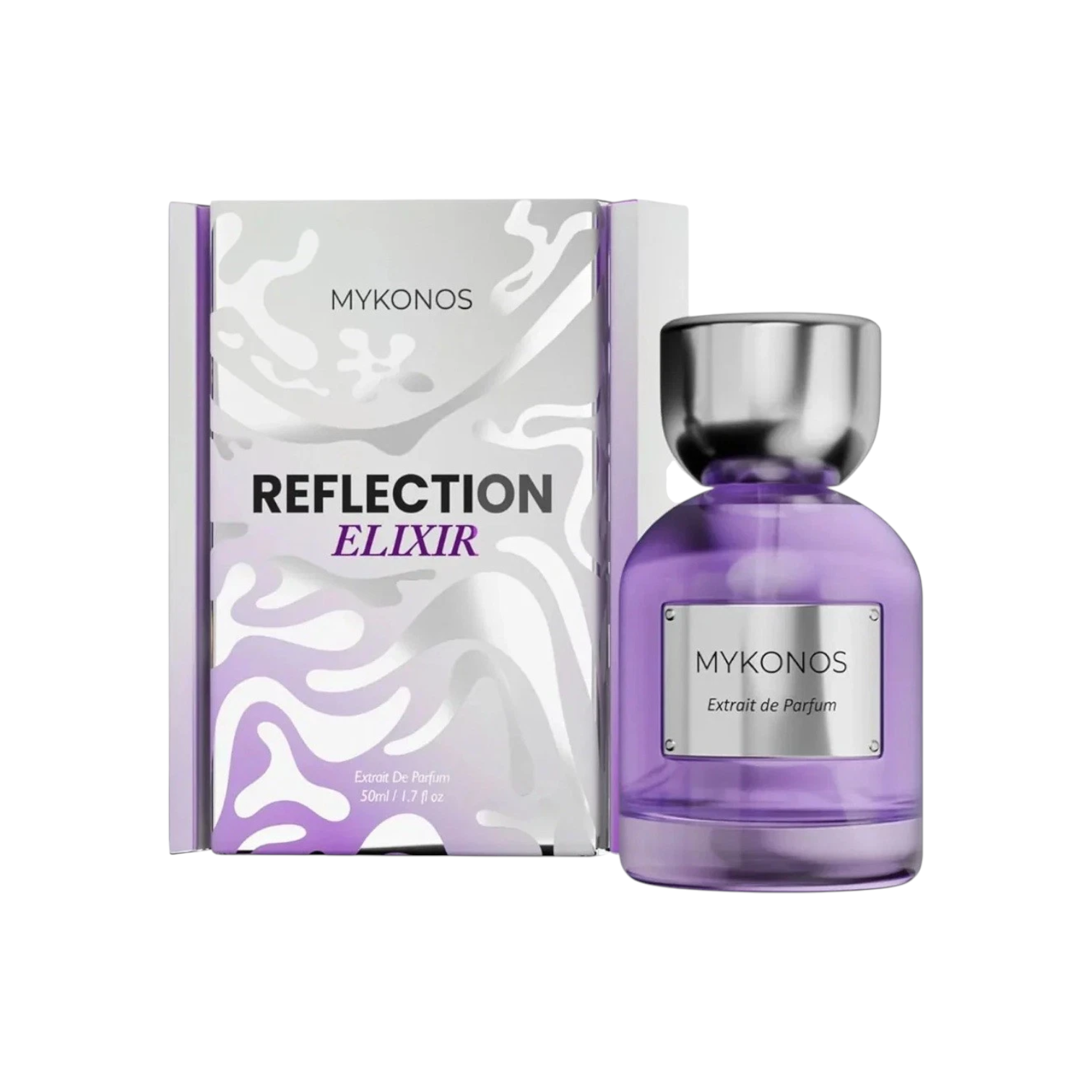 Palette 21 Mykonos Reflection Elixir Extrait de Parfum in a purple glass bottle with silver cap and matching box.