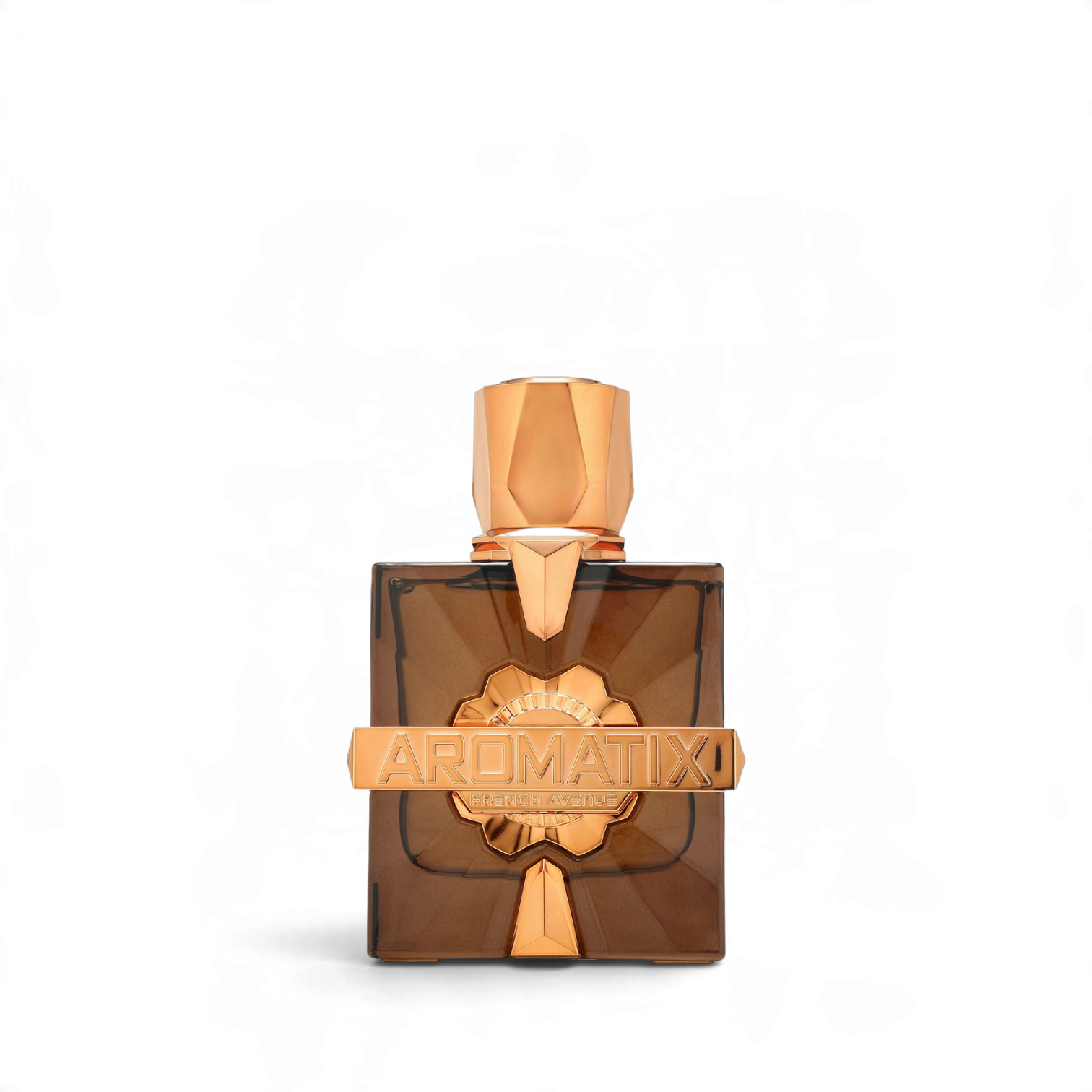 Palette 21 Naughty Dates Aromatix X French Avenue unisex perfume in a brown glass bottle with rose gold accents.
