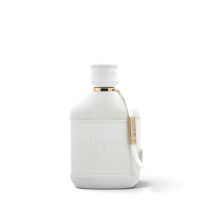 Palette 21 Nitro White Dumont men's fragrance in a white bottle with a leather-textured label and gold accents.