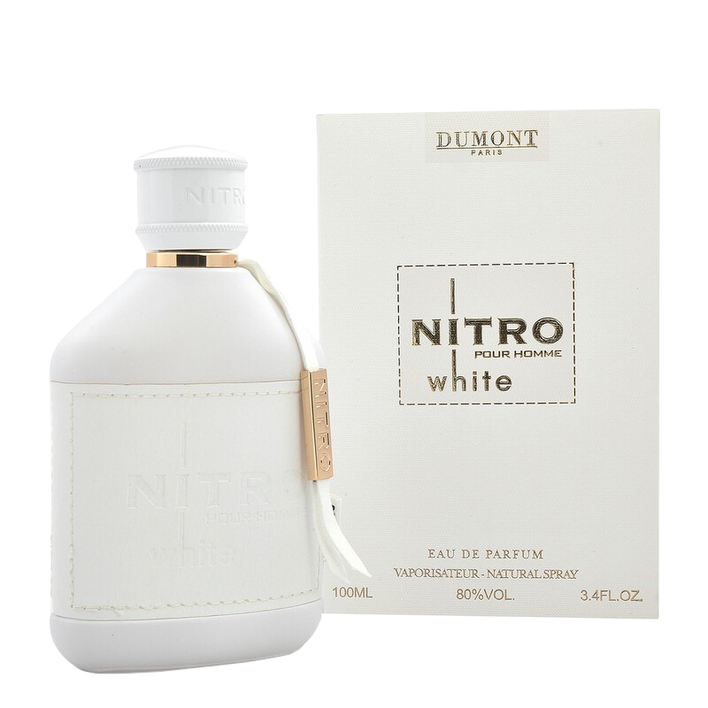 Palette 21 Nitro White Dumont eau de parfum for men in a white bottle with gold accents and matching box packaging