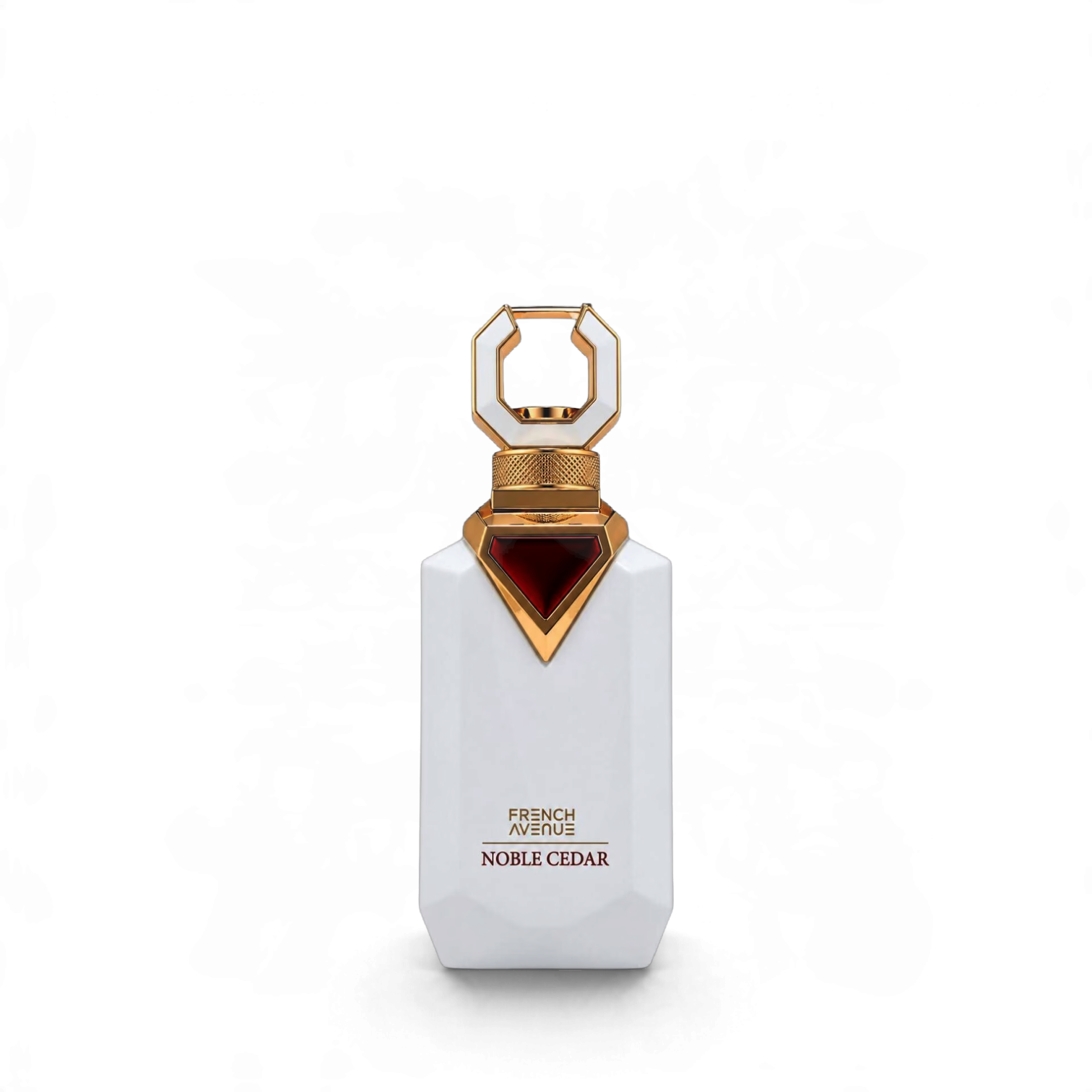 Palette 21 Noble Cedar French Avenue unisex perfume in a white geometric bottle with gold and red accents.