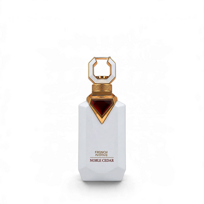 Palette 21 Noble Cedar French Avenue unisex perfume in a white geometric bottle with gold and red accents.