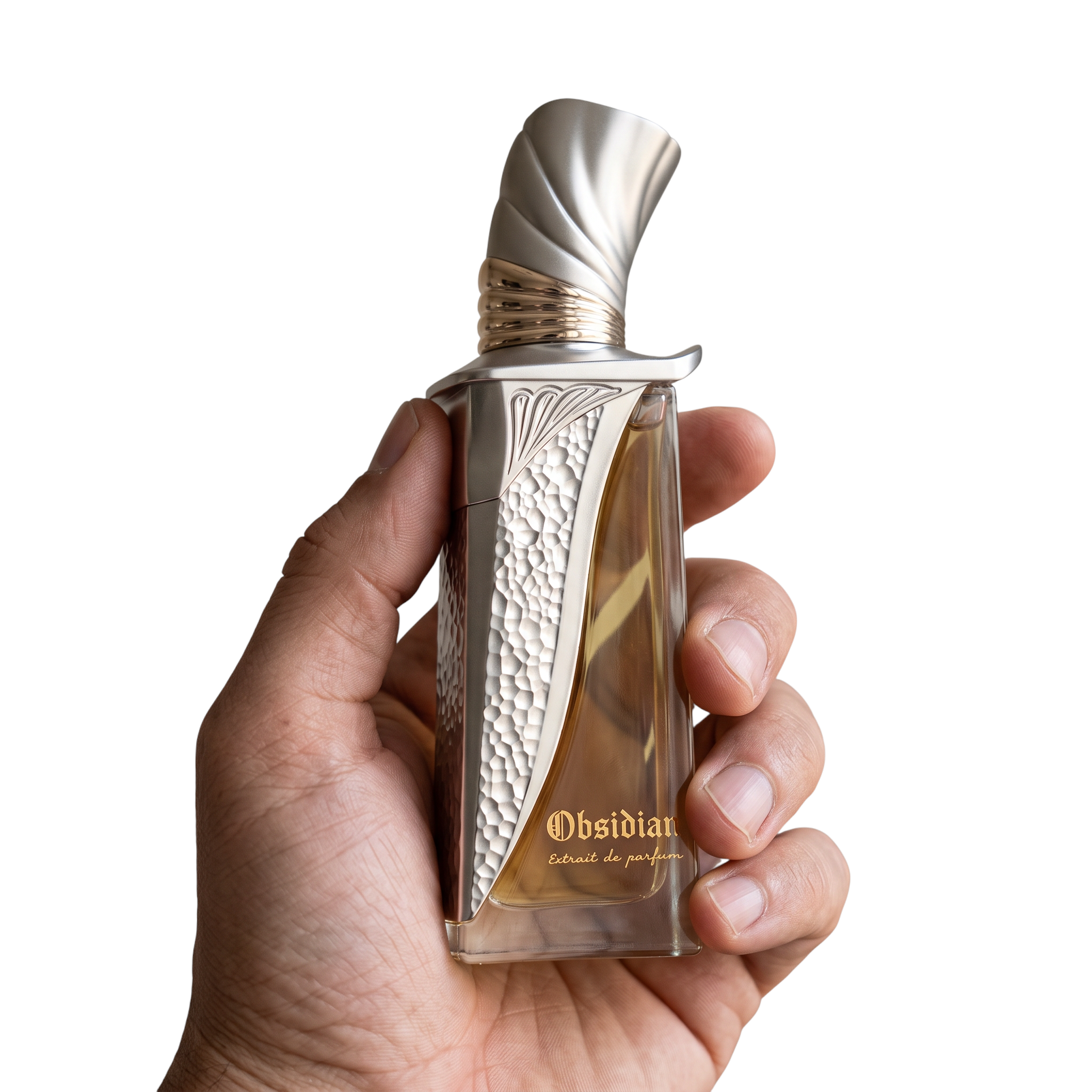 Palette 21 Obsidian Extrait de Parfum held in hand, featuring a sleek glass bottle with metallic textured detailing.