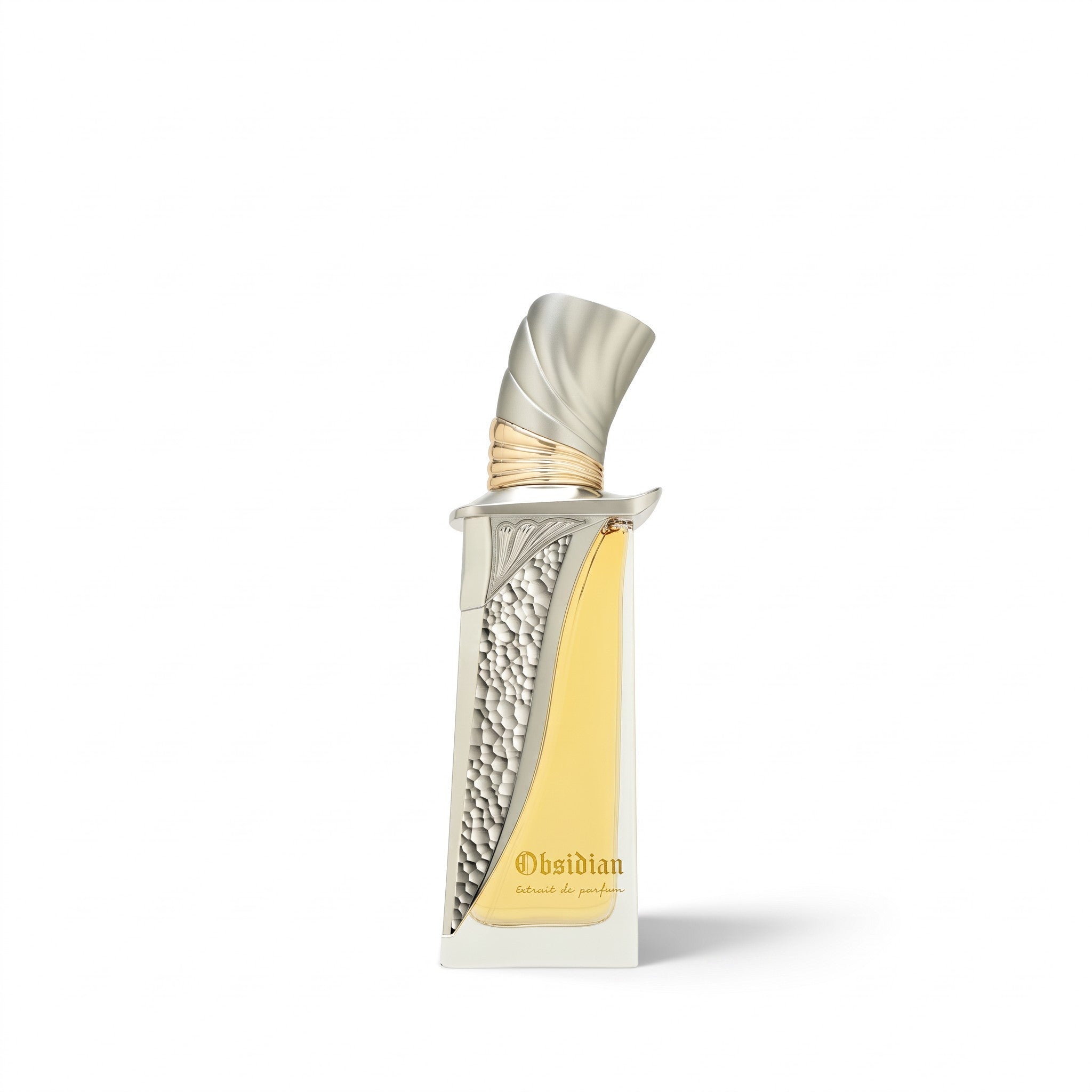 Palette 21 Obsidian French Avenue extrait de parfum in a unique silver and gold textured sculptural glass bottle.