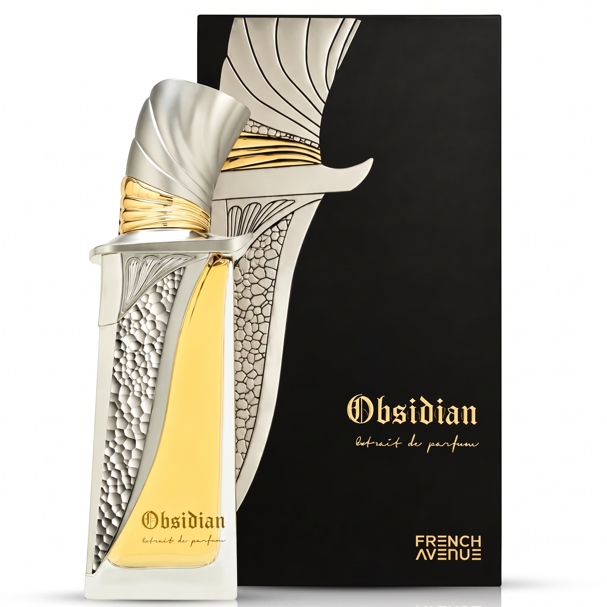Palette 21 Obsidian Extrait De Parfum bottle with metallic silver and gold detailing next to its black presentation box.