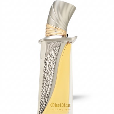 Palette 21 Obsidian Extrait De Parfum in a sleek, architecturally inspired bottle with metallic and gold detailing.