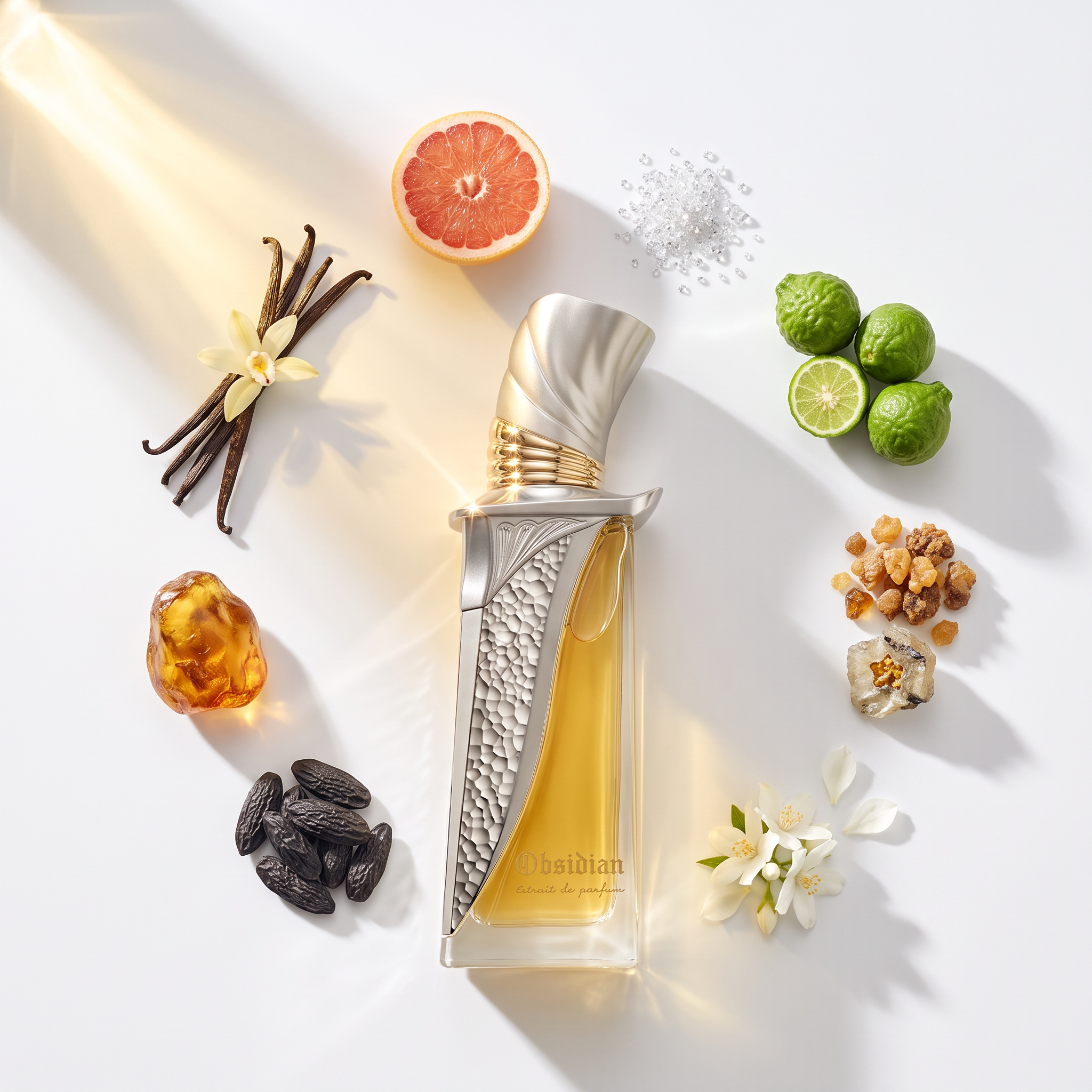 Palette 21 Obsidian Extrait De Parfum bottle surrounded by raw ingredients like vanilla, grapefruit, and bergamot.