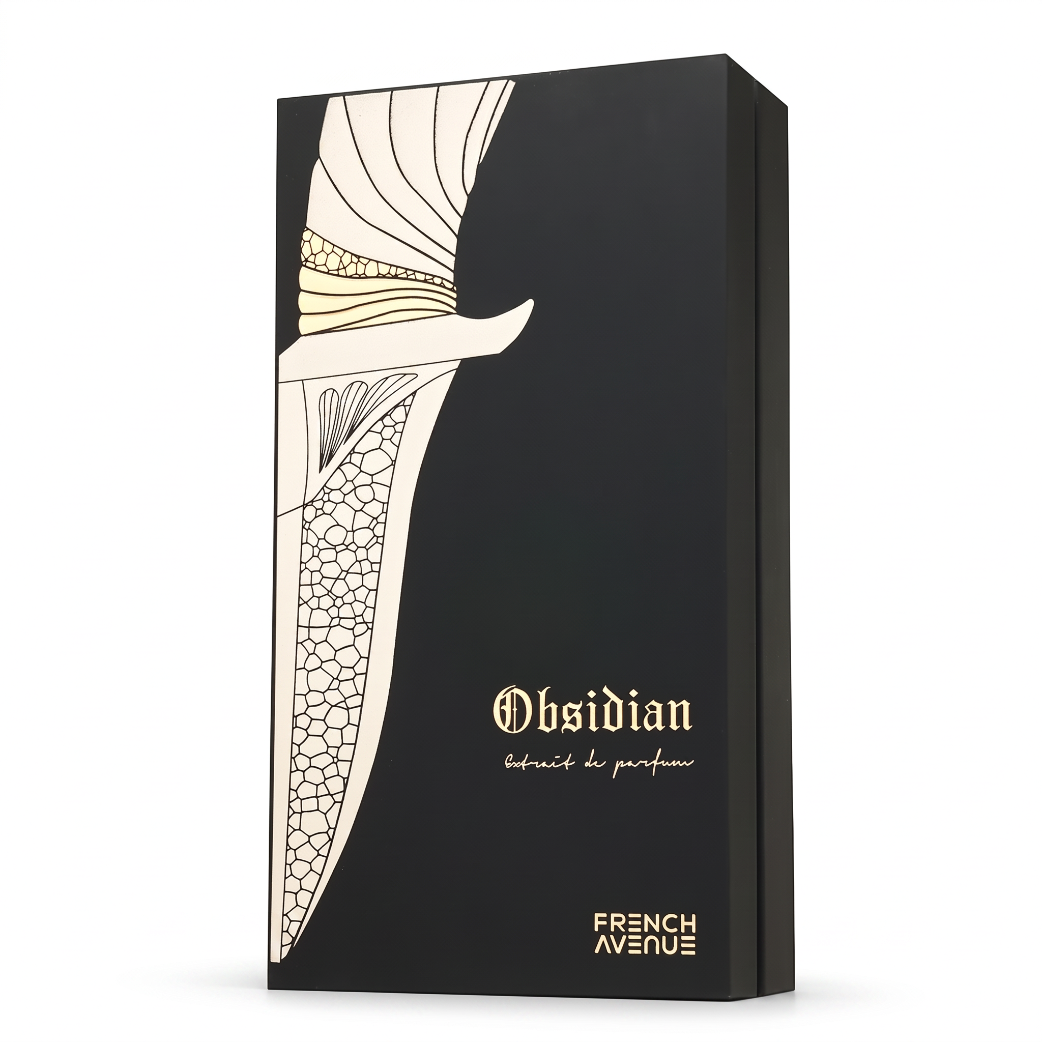 Palette 21 Obsidian Extrait De Parfum fragrance box featuring a stylized gold dagger illustration on a black background