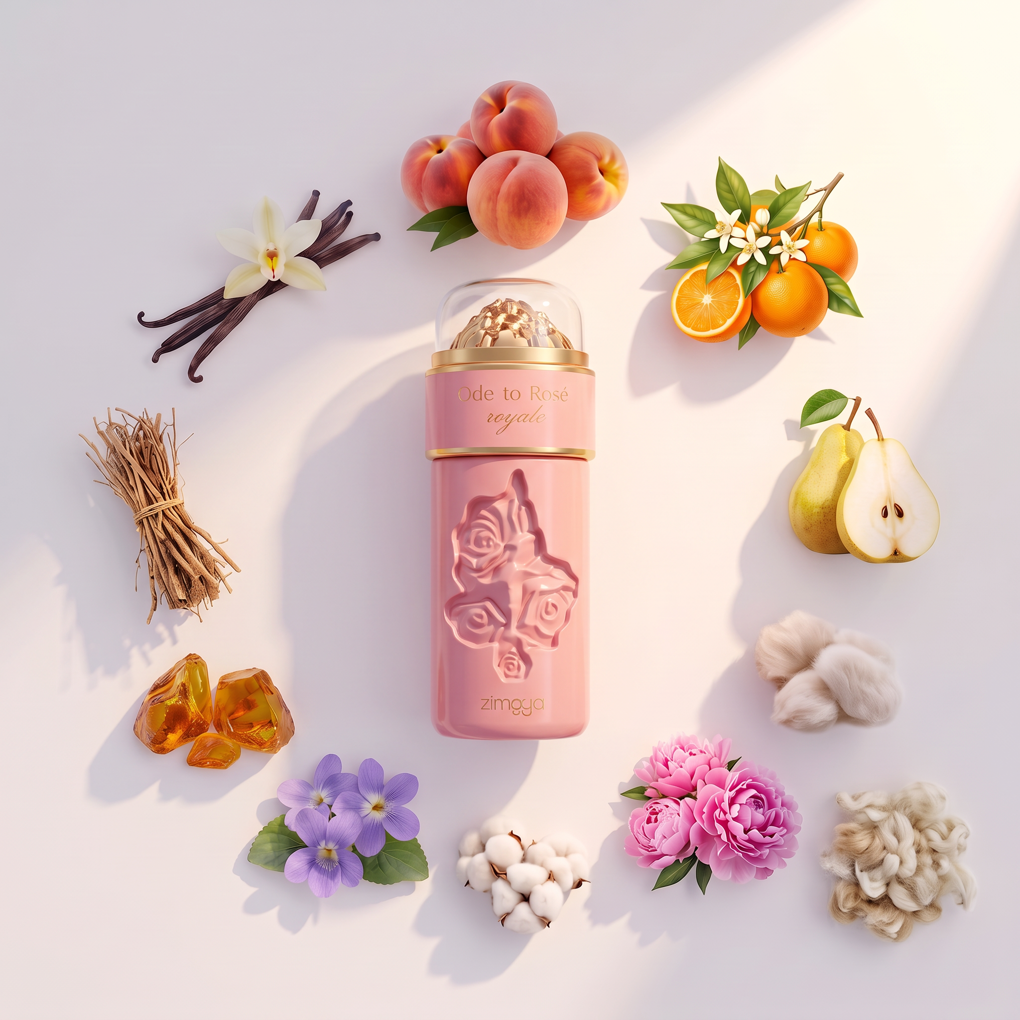Palette 21 Afnan Zimaya Ode to Rose Royale perfume bottle surrounded by fresh peaches, oranges, pears, and floral notes.