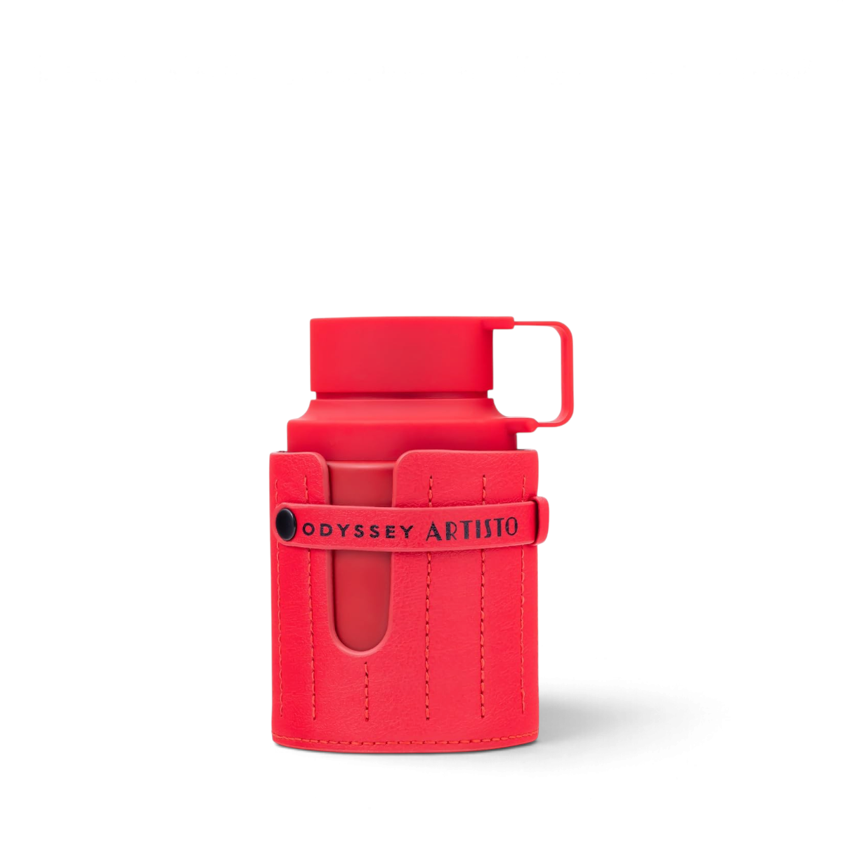 Palette 21 Men's Odyssey Artisto EDP spray in a vibrant red bottle with a textured leather-style protective sleeve.