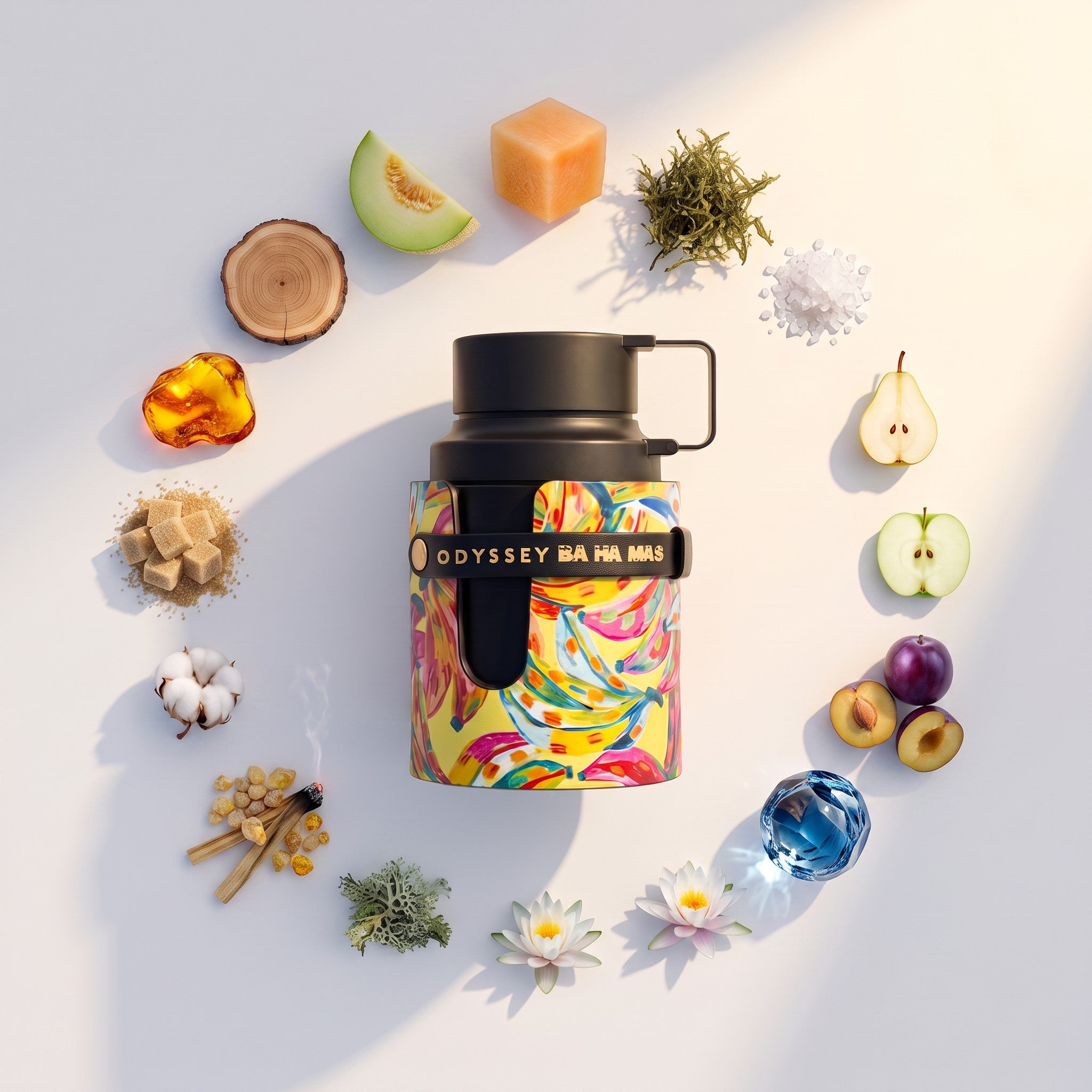 Palette 21 Odyssey BA HA MAS Eau de Parfum bottle surrounded by tropical fruit, floral, and woody fragrance ingredients