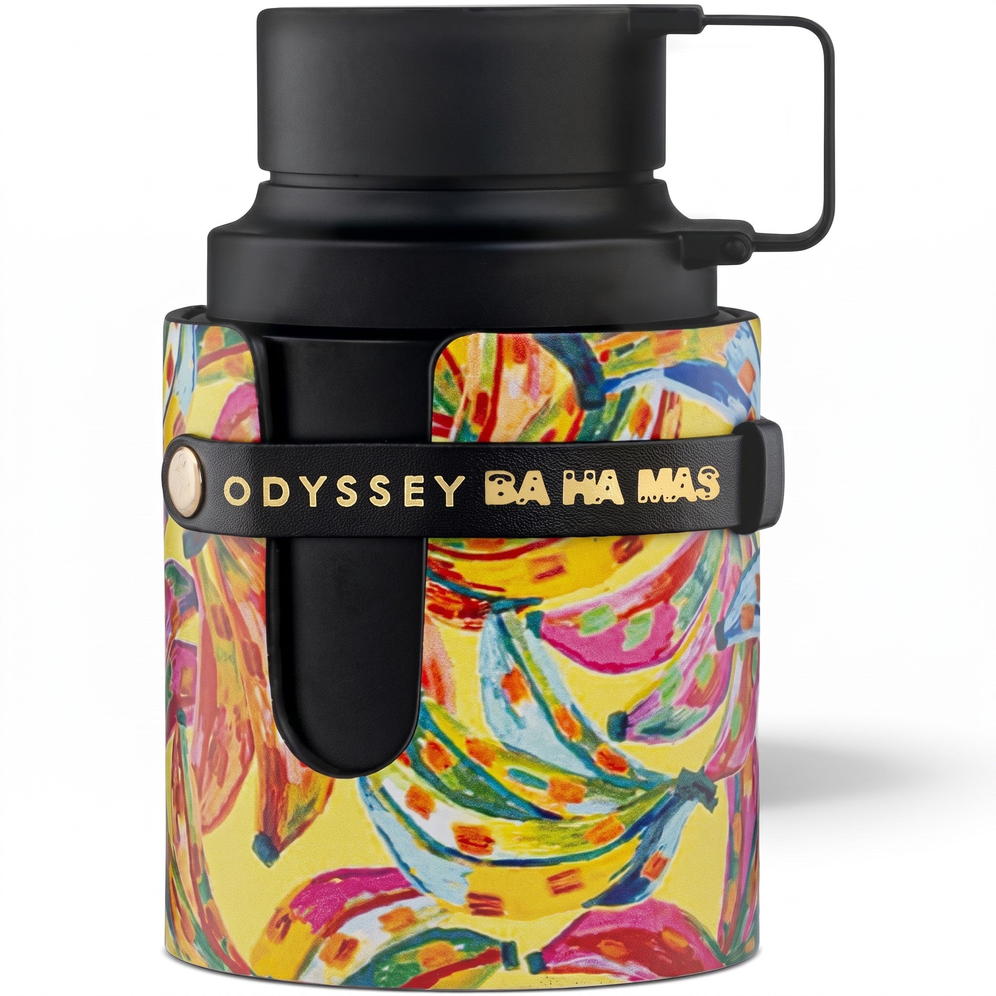 Palette 21 Odyssey BA HA MAS Eau de Parfum bottle featuring a vibrant tropical banana print and black leather strap.