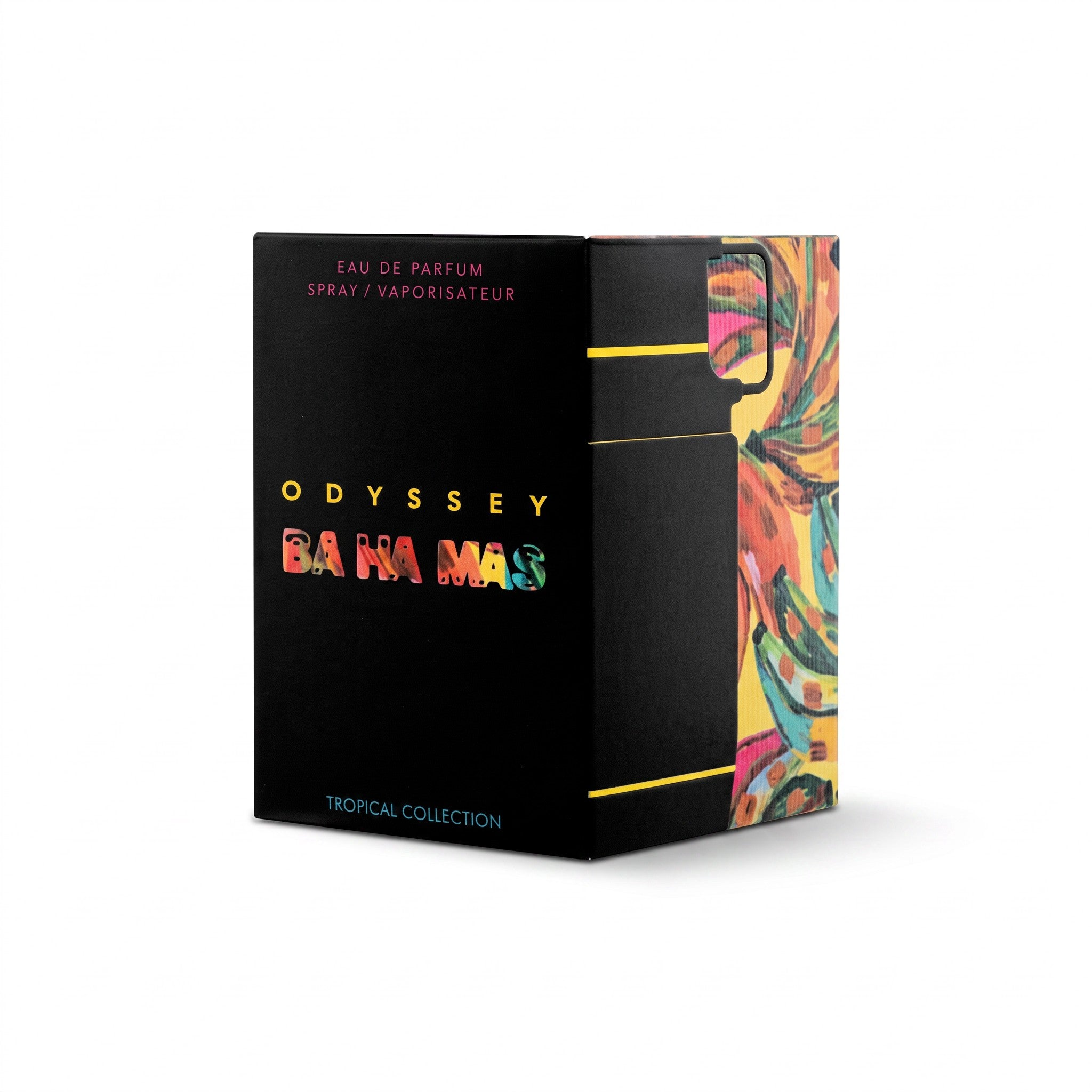 Palette 21 Odyssey BA HA MAS Eau de Parfum box featuring a black design with vibrant tropical art on the side panel.