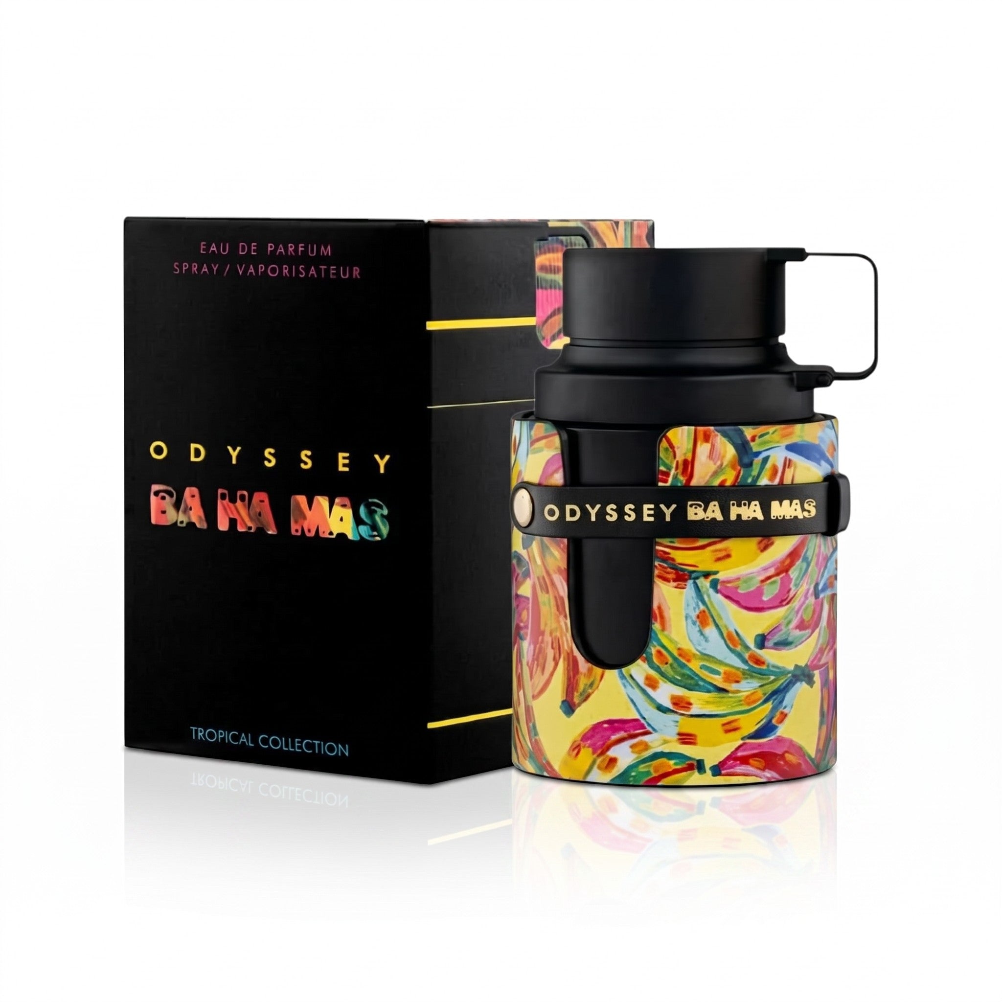 Palette 21 Odyssey BA HA MAS Eau de Parfum bottle with a vibrant tropical banana print and black box packaging.