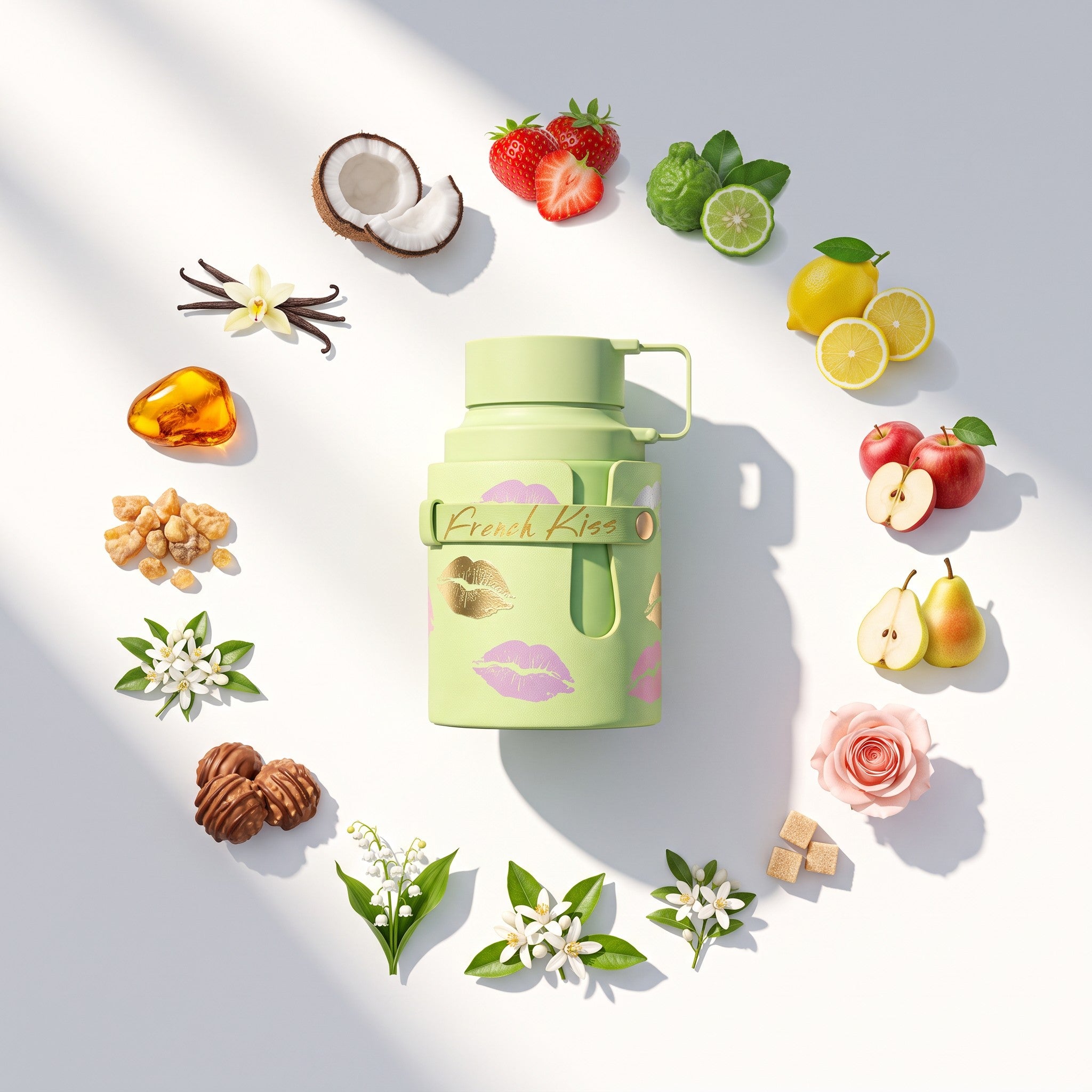 Palette 21 odyssey French Kiss light green water bottle decorated with pink lip prints surrounded by fruit and flowers