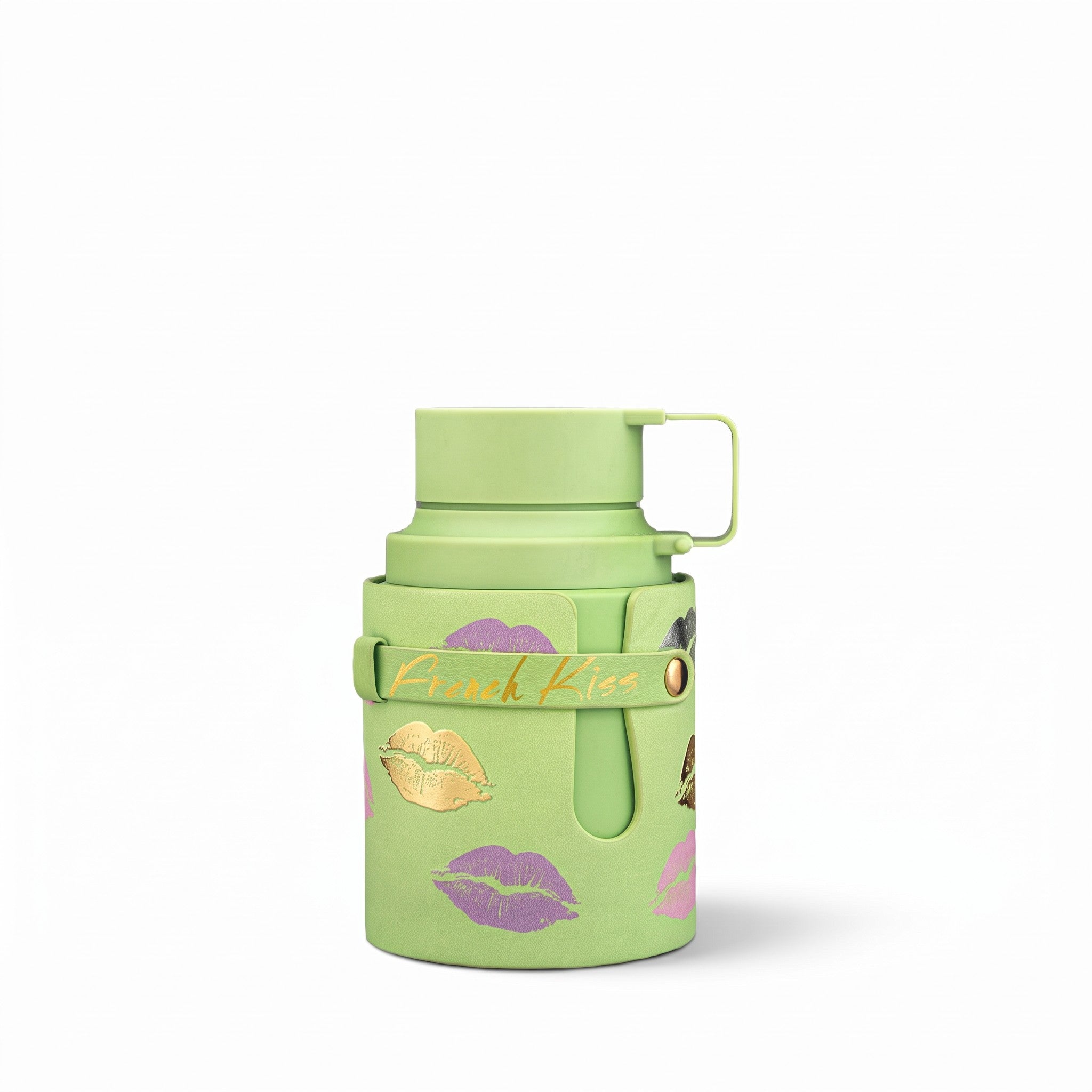 Palette 21 Odyssey French Kiss Eau de Parfum in a vibrant green bottle with gold and purple metallic lip motifs.