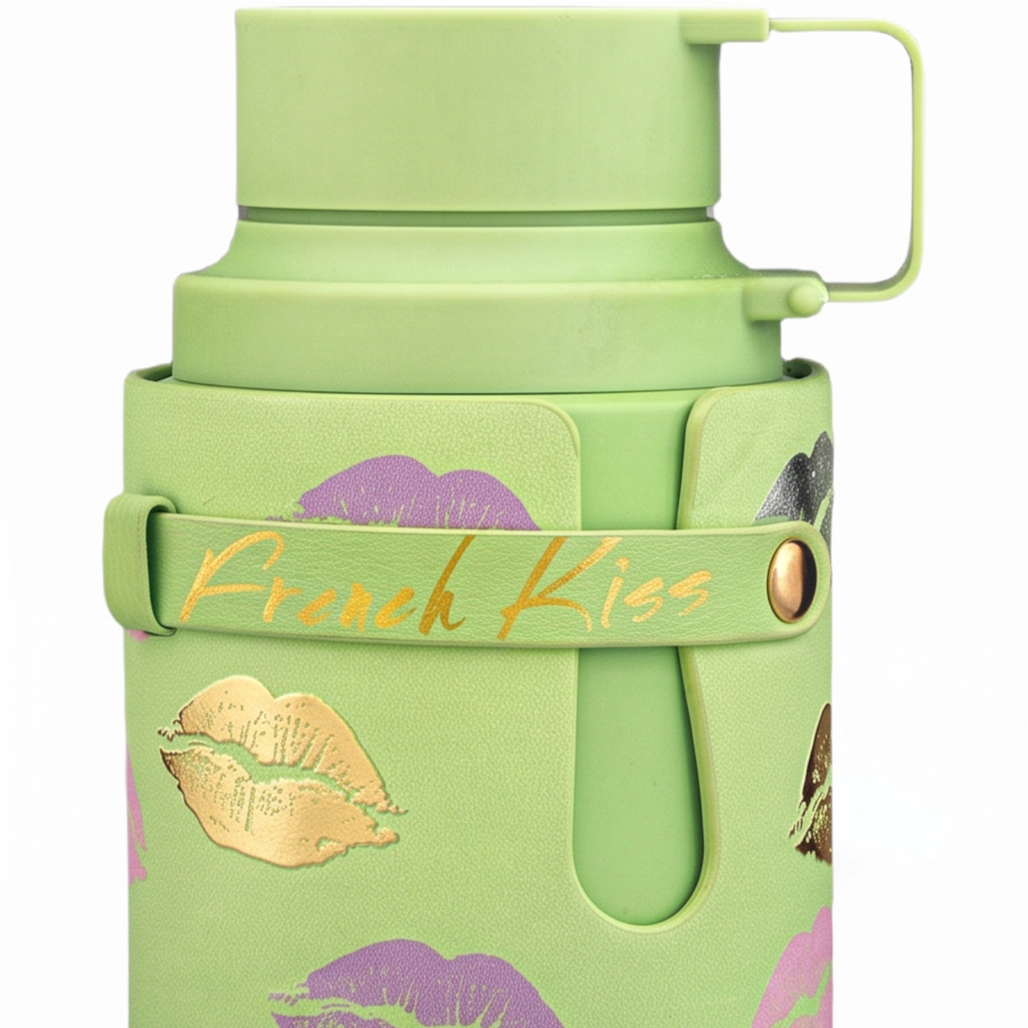 Palette 21 Odyssey French Kiss light green water bottle with a textured sleeve featuring metallic lip prints