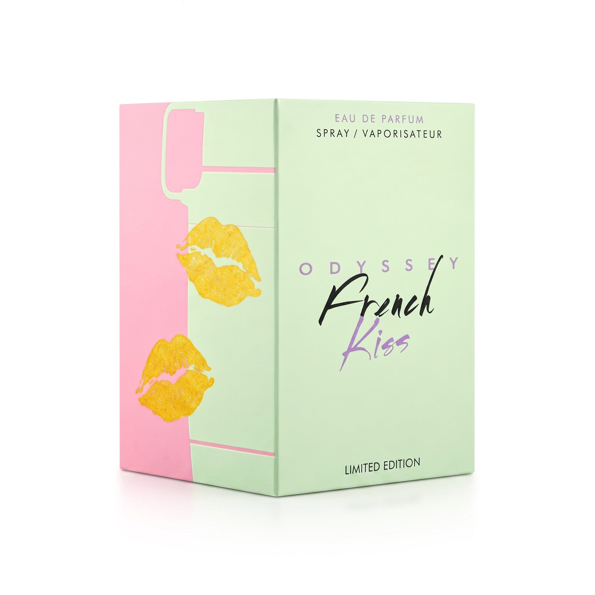 Palette 21 Odyssey French Kiss limited edition eau de parfum box in pastel green and pink with gold lip prints